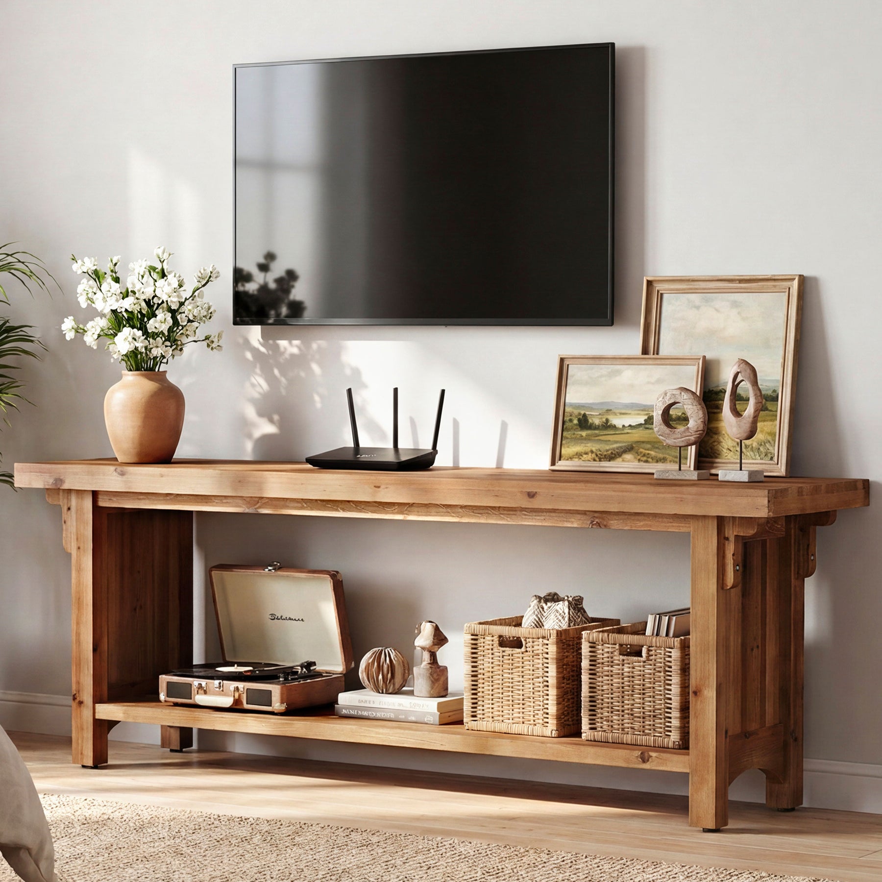 63" Solid Wood TV Stand, Farmhouse Entertainment Center with Storage Shelf for 75" TVs