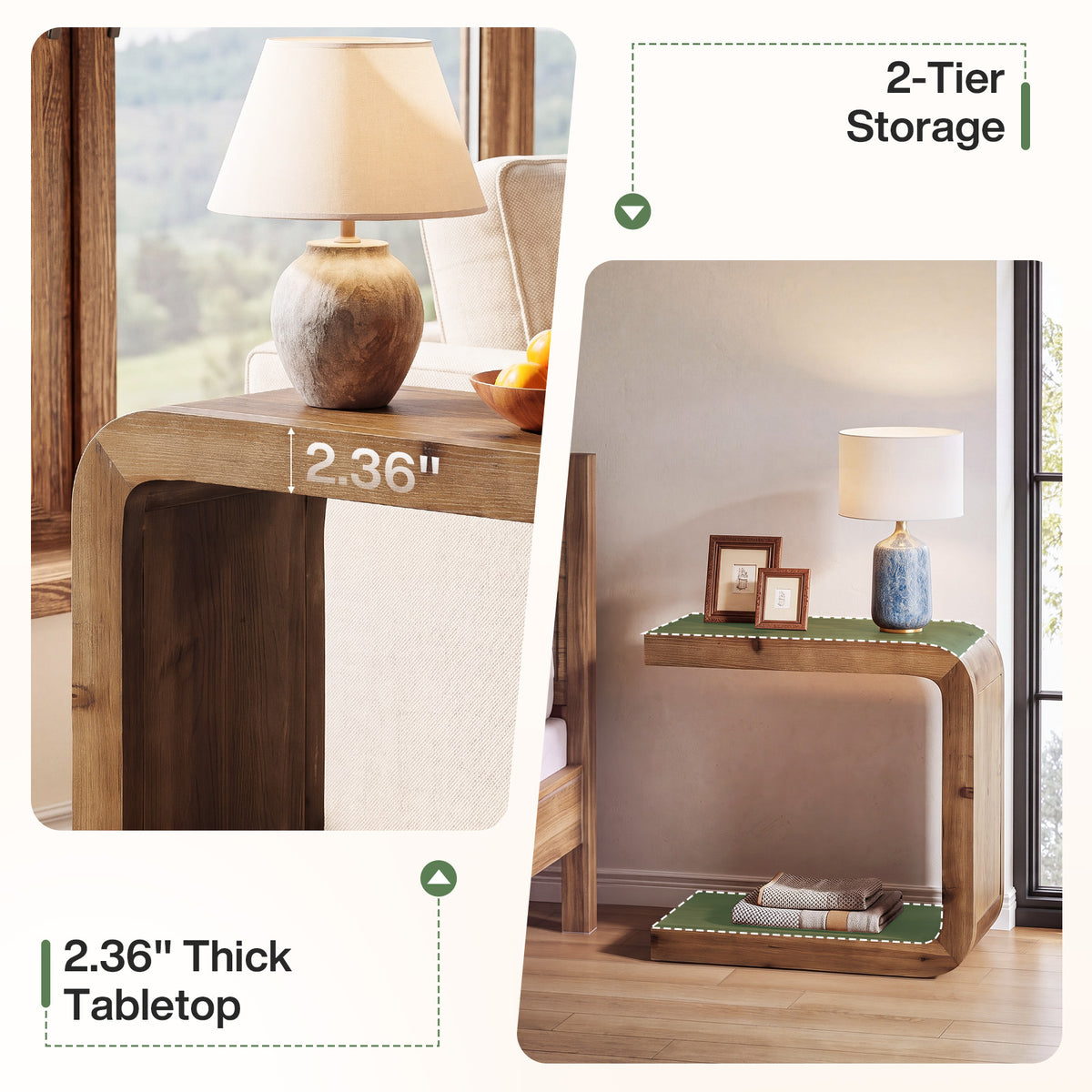 Solid Wood End Table, 2-Tier C-Shaped Side Table with Storage for Living Room, Bedroom