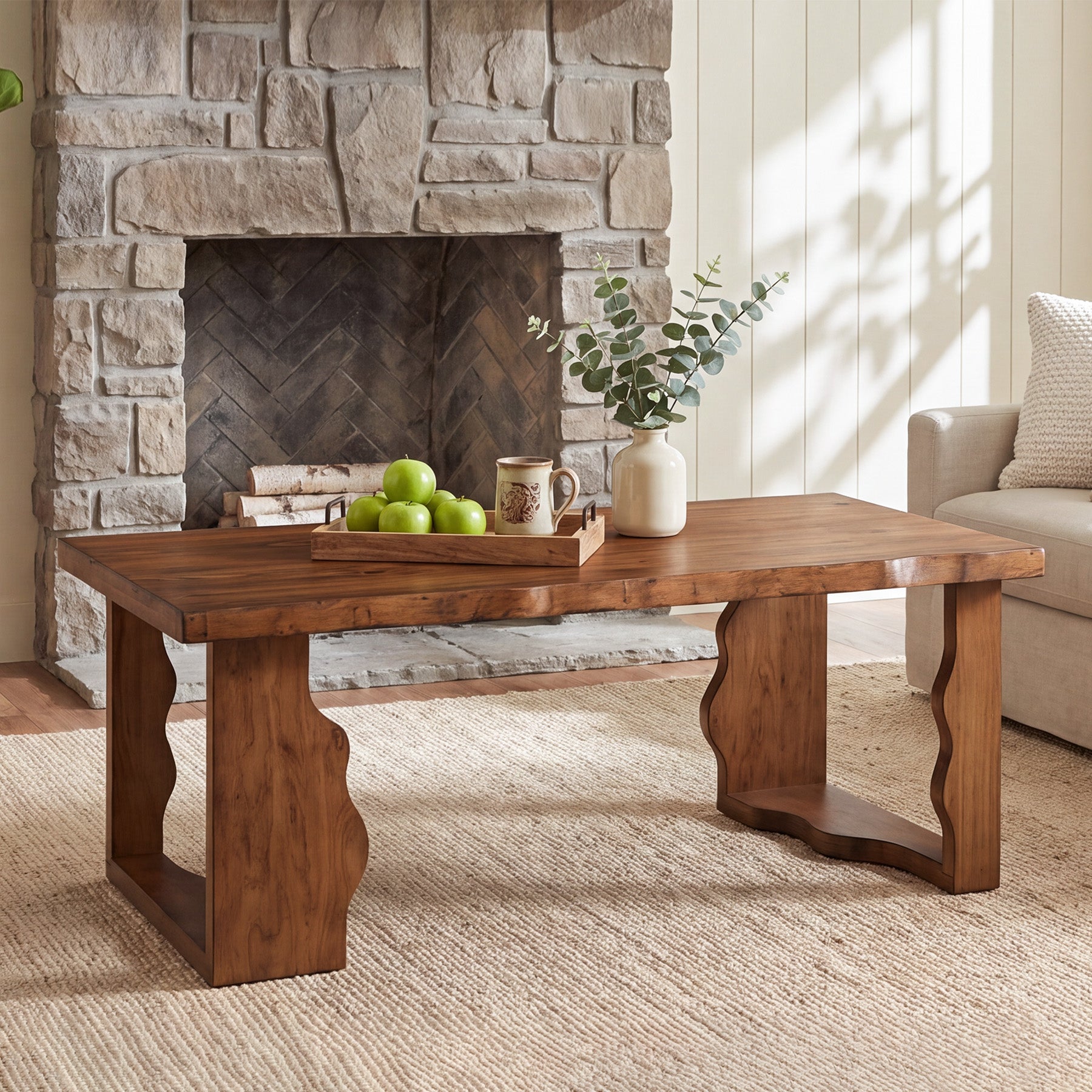 47" Solid Pine Coffee Table, Natural Edge & Cut-Out Legs, Farmhouse Rustic Wood Living Room