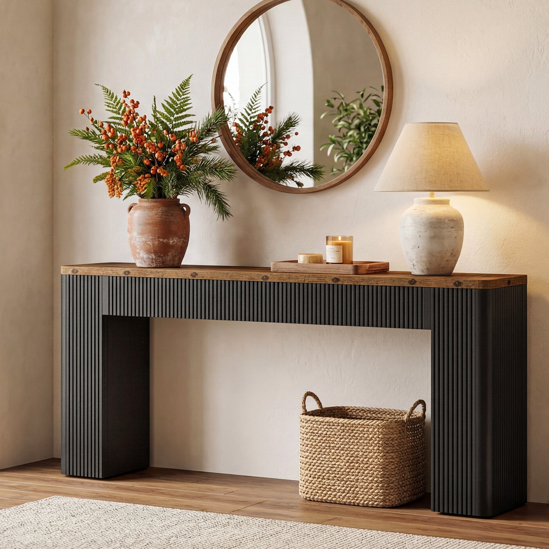 82.7" Long Console Table, Fluted Narrow Sofa Table Entryway Table with Curved Edges