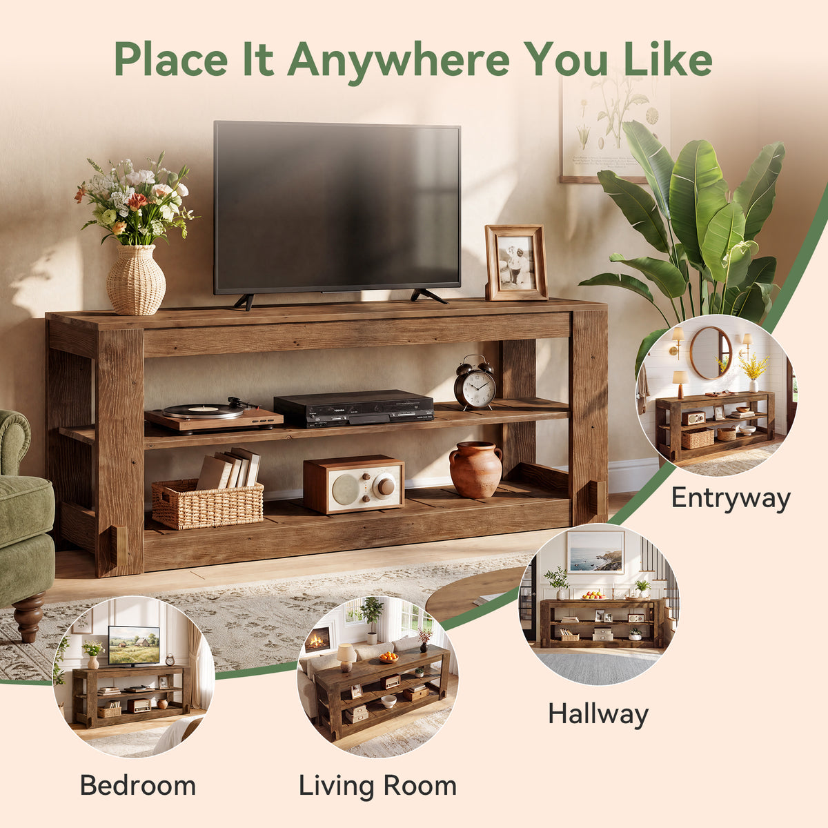 63" Solid Wood TV Stand, 3-Tier Media Entertainment Center for Living Room