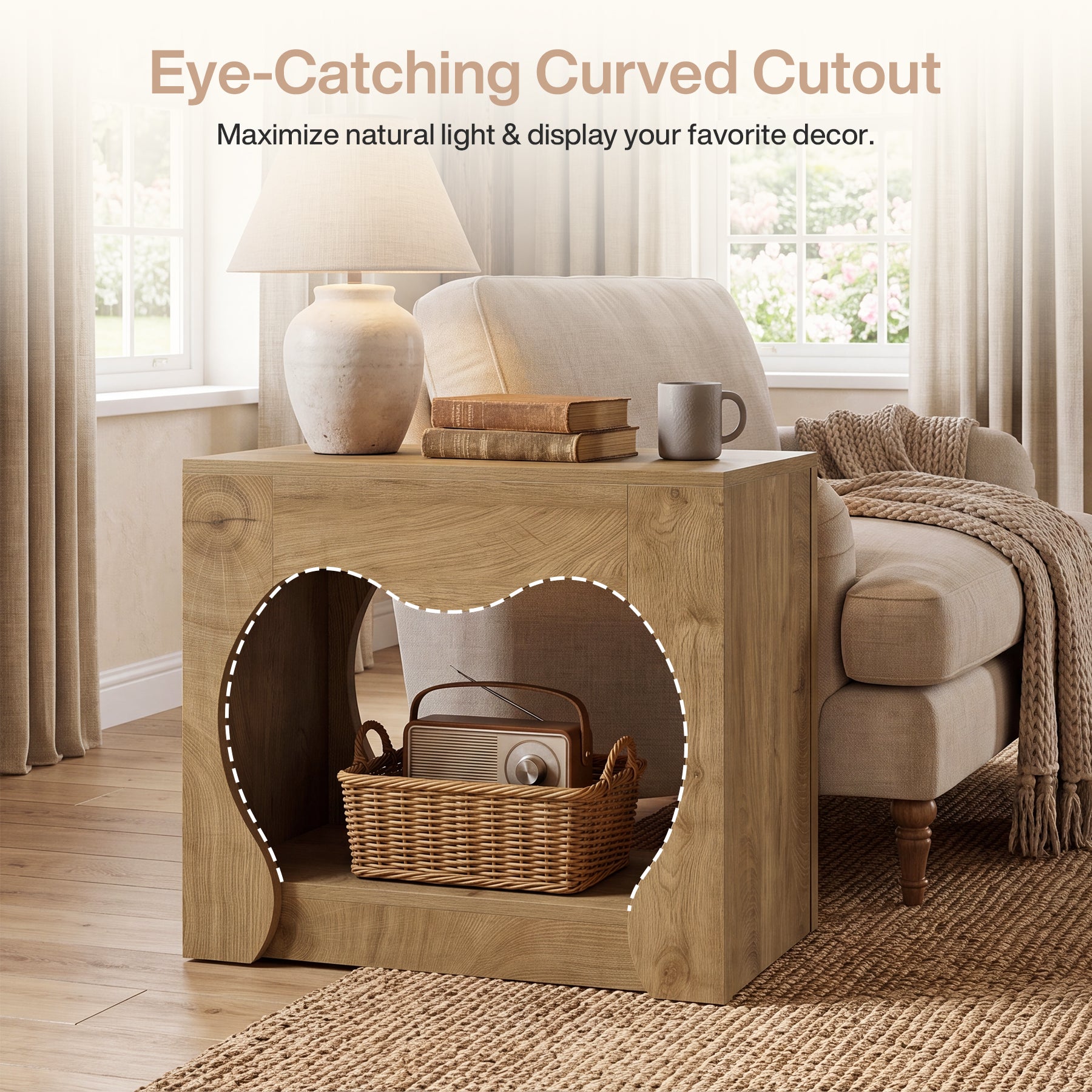 2-Tier End Table, Farmhouse Side Table with Storage Shelves, Curved Arch Cutout
