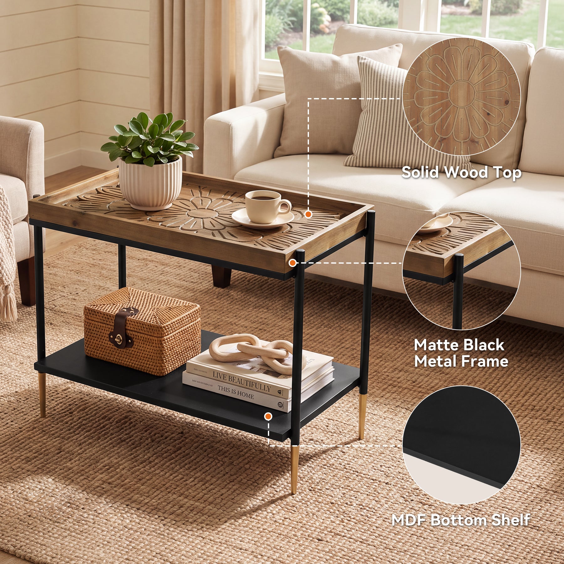 27.5" 2-Tier End Table with Storage Shelf, Solid Wood Side Table for Living Room