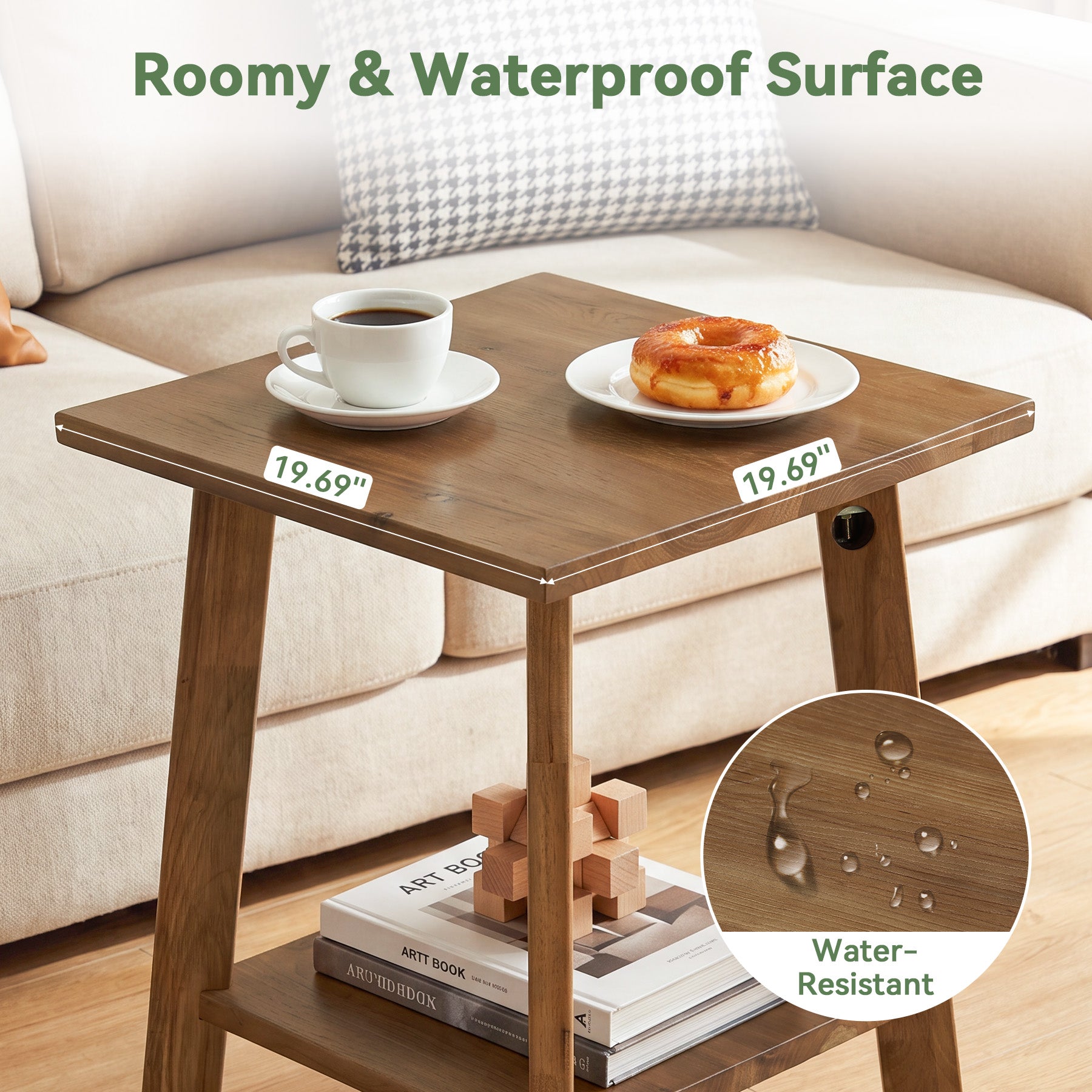 19.69" Solid Wood End Table, Small Side Table with 2-Tier Storage Shelf for Living Room