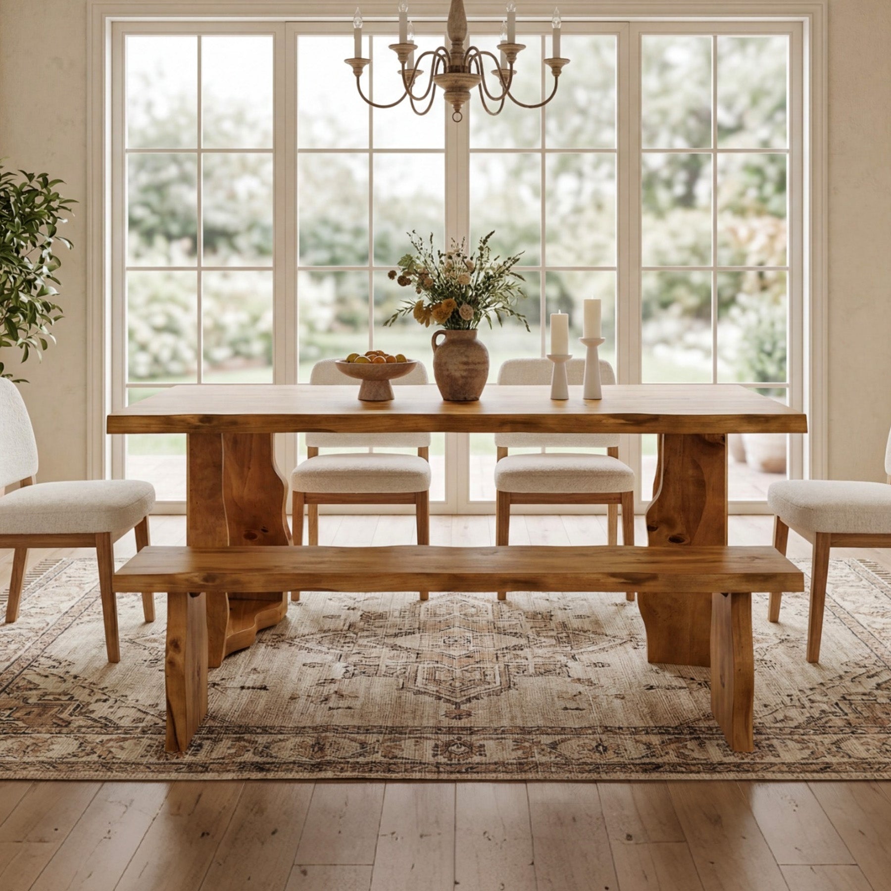 63" Solid Wood Live Edge Dining Table for 6, Rustic Modern Kitchen & Dining Room Table with Sculptural Legs