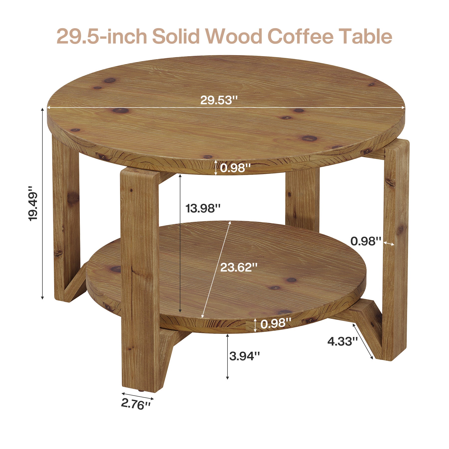 30" Solid Wood Coffee Table, Round Small Center Table with 2-Tier Storage