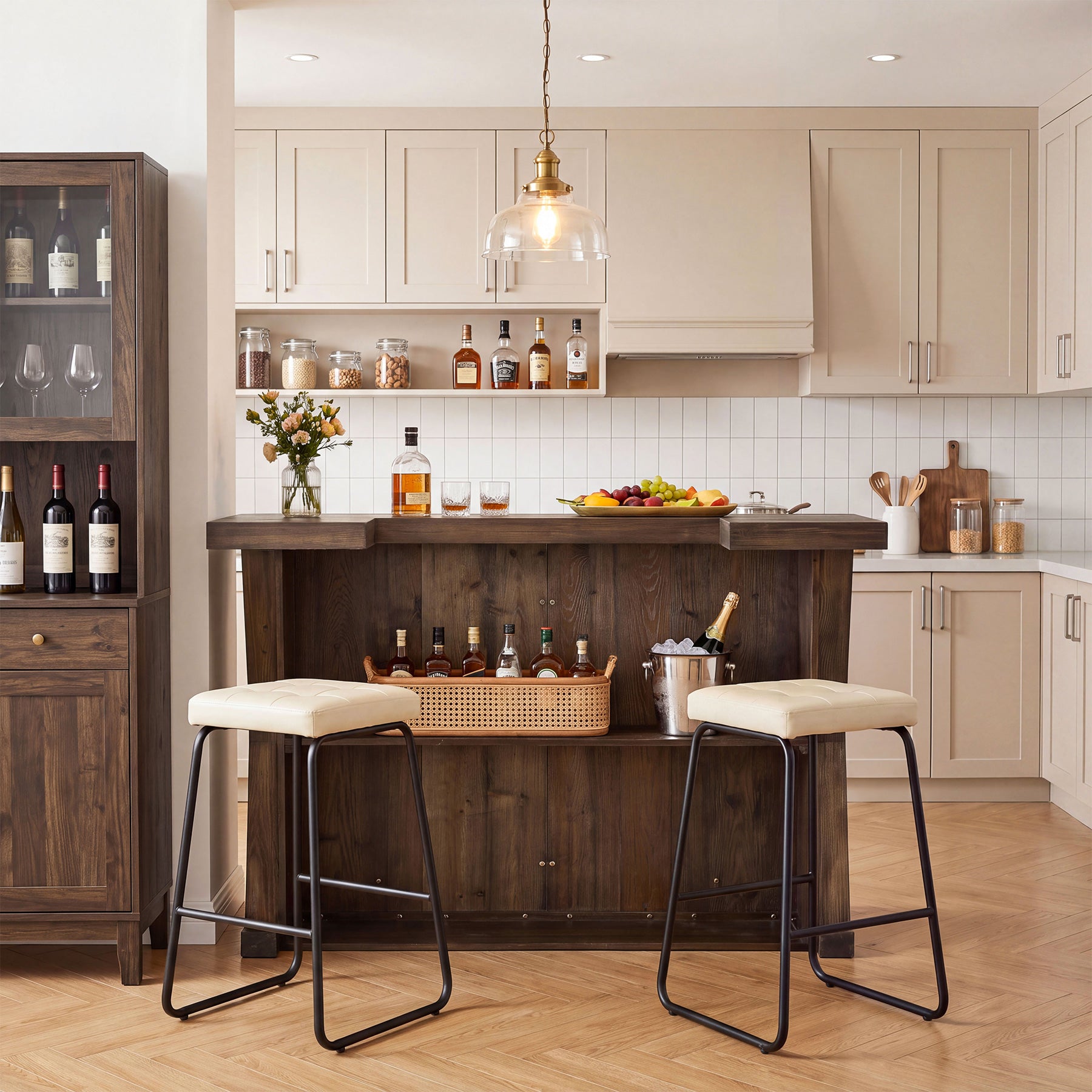 59" Home Bar Unit with Storage Shelves & Foot Rail, Farmhouse Solid Wood 3-Tier Bar Cabinet