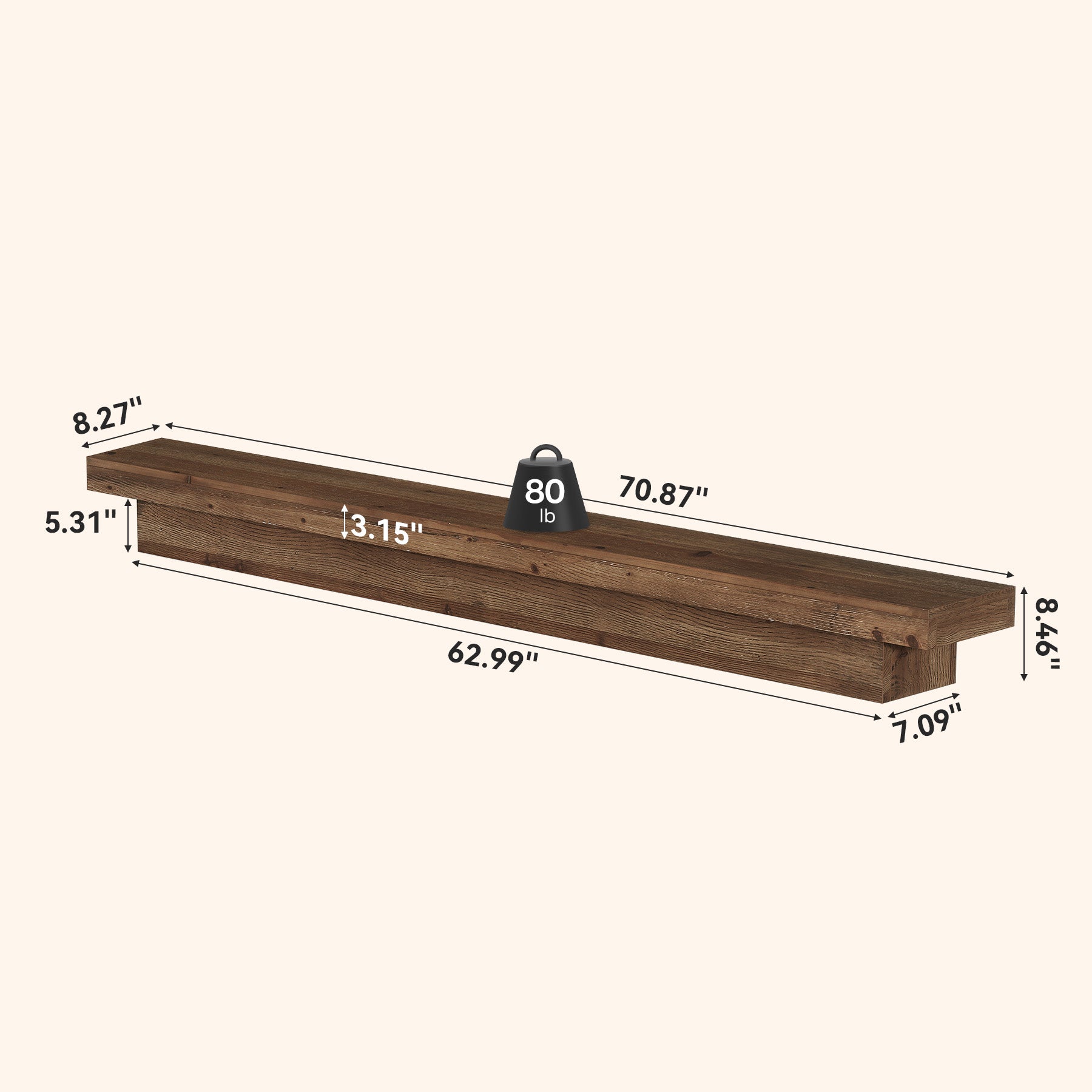 Solid Wood Fireplace Mantel, 70.9" Wall-Mounted Floating Shelves for Living Room