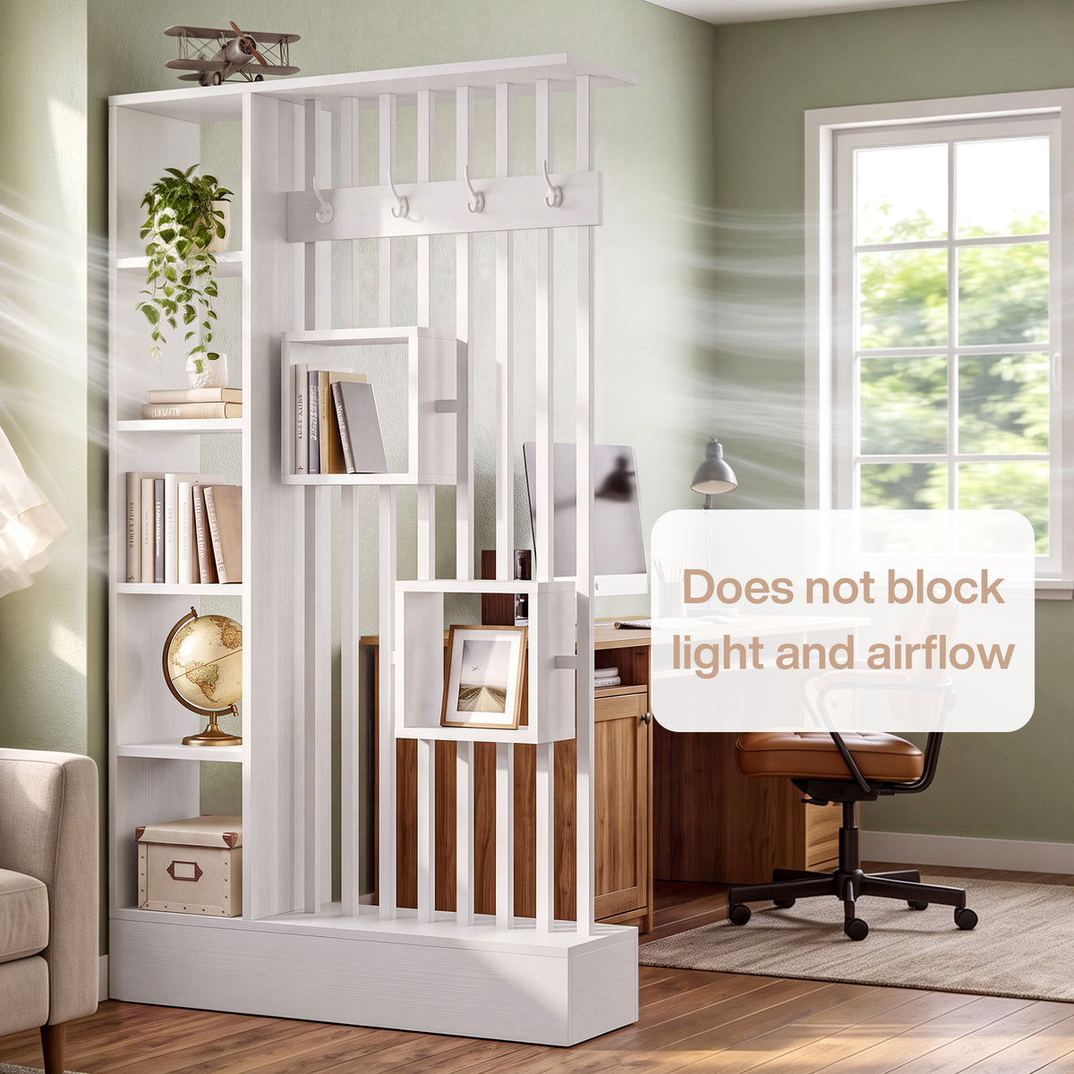 71" Room Divider with Shelves, Modern Wall Partition with Coat Hooks & Open Display Shelf