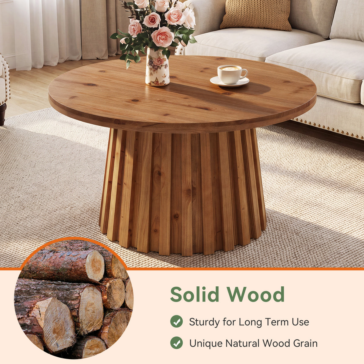 32" Round Fluted Coffee Table, Farmhouse Solid Wood Living Room, Circle Center Tea Table