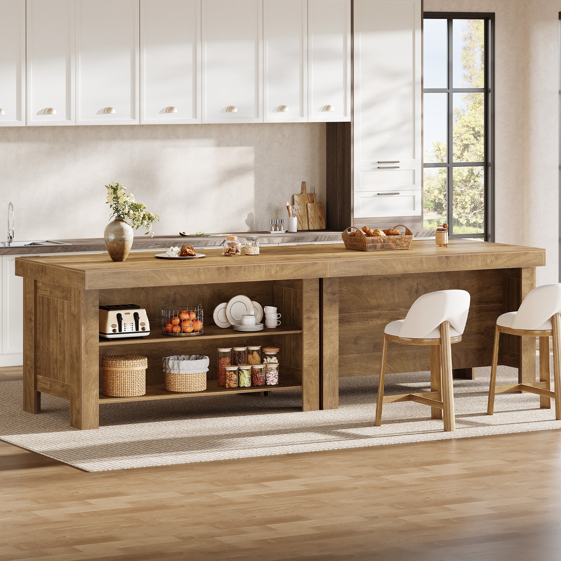 55" Kitchen Island Table, Farmhouse Counter Height Bar Table with Storage Shelves