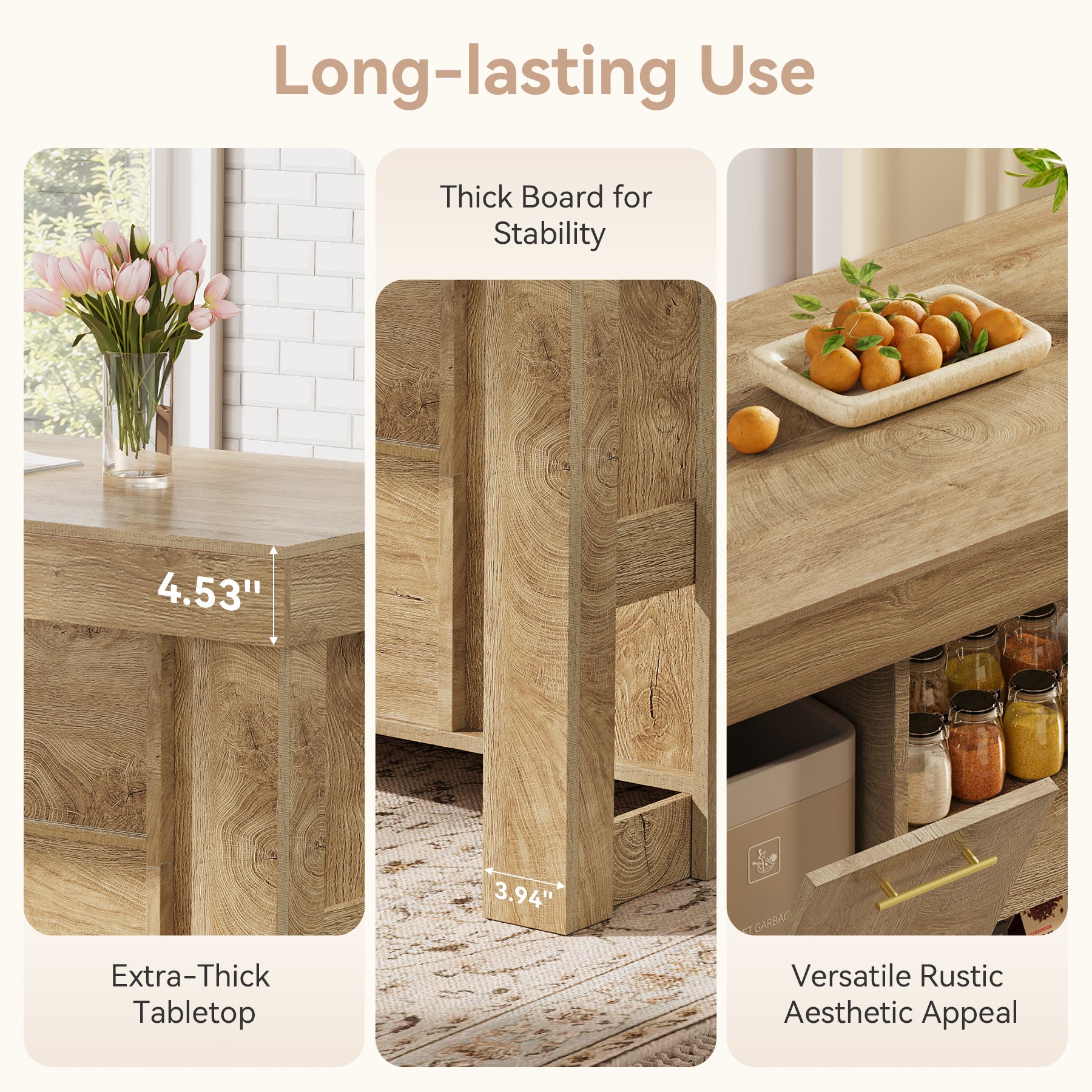 55" Kitchen Island with Trash Storage Cabinet, Farmhouse Island Table with 2-Tier Shelf