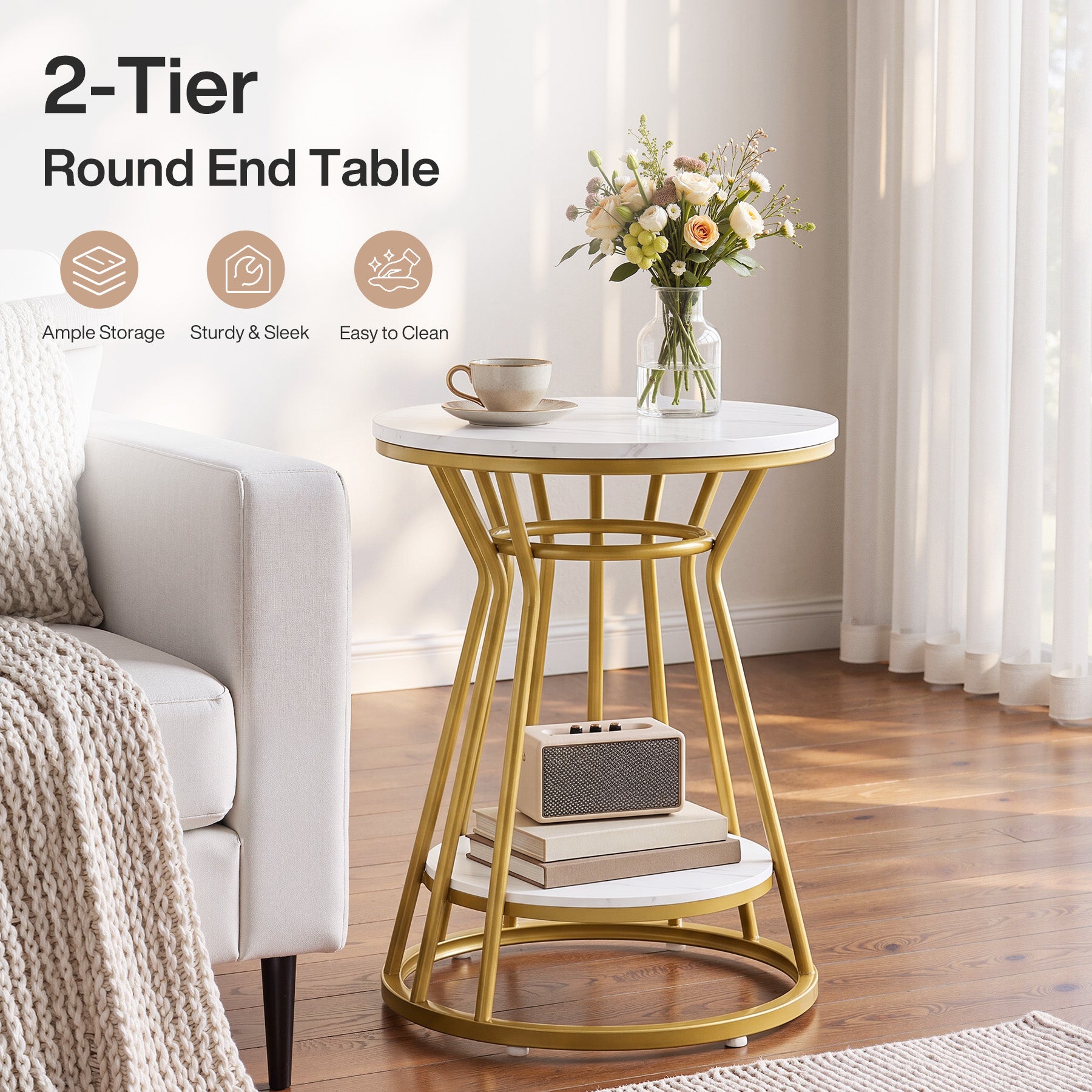 Round End Table, 2-Tier Accent Side Table with Faux Marble Veneer & Metal Frame