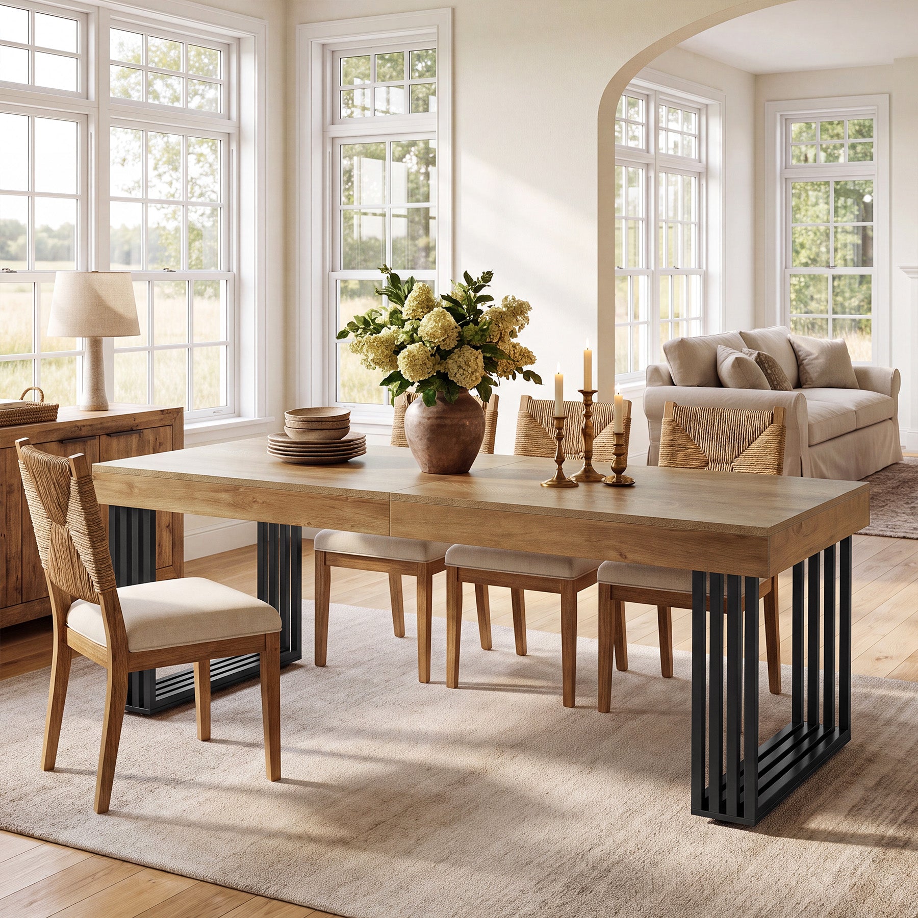 79" Large Dining Table with Metal Frame, Wood Kitchen Table for 6-8