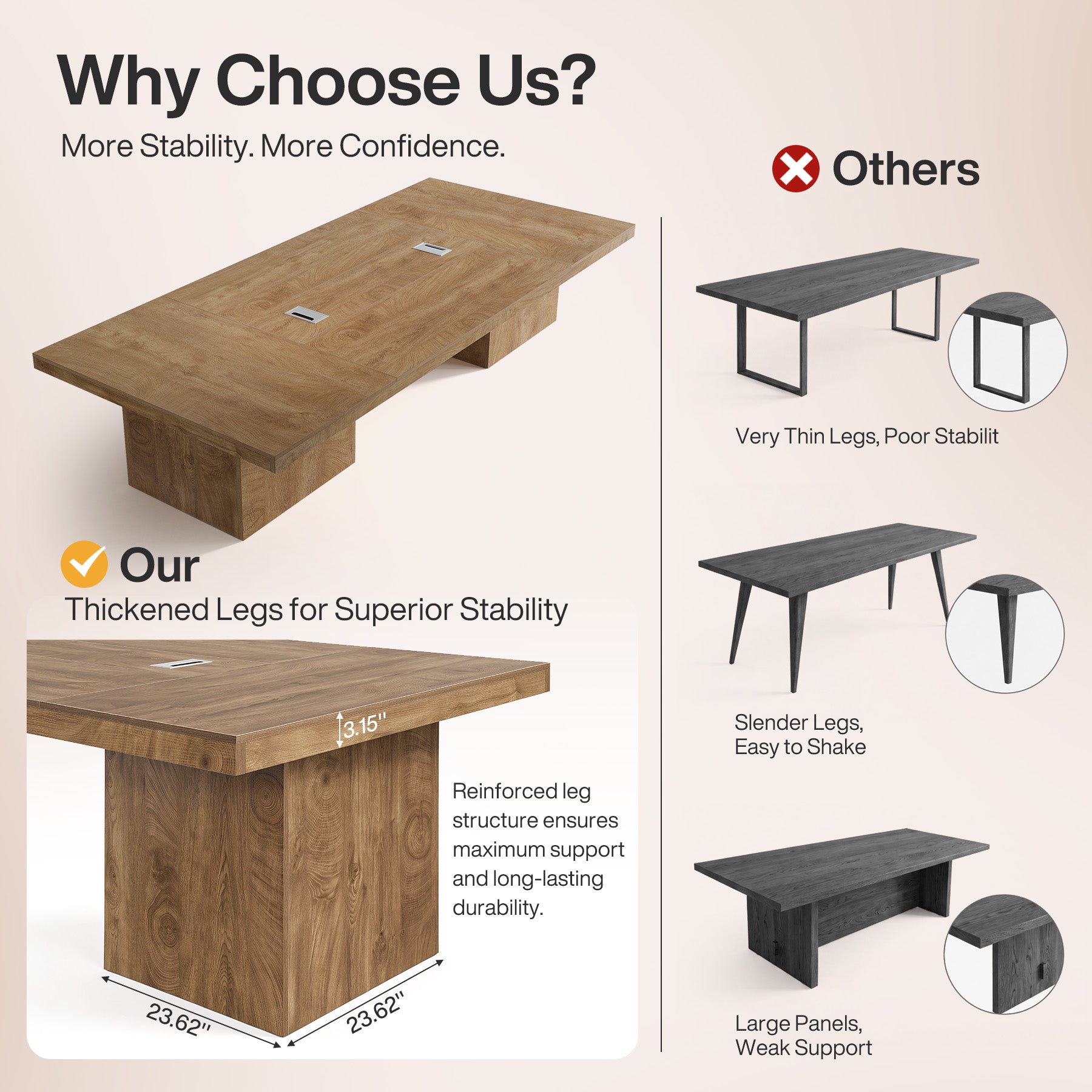 95" Conference Table with Pedestal Base, 8FT Wood Office Meeting Table, Cable Grommets