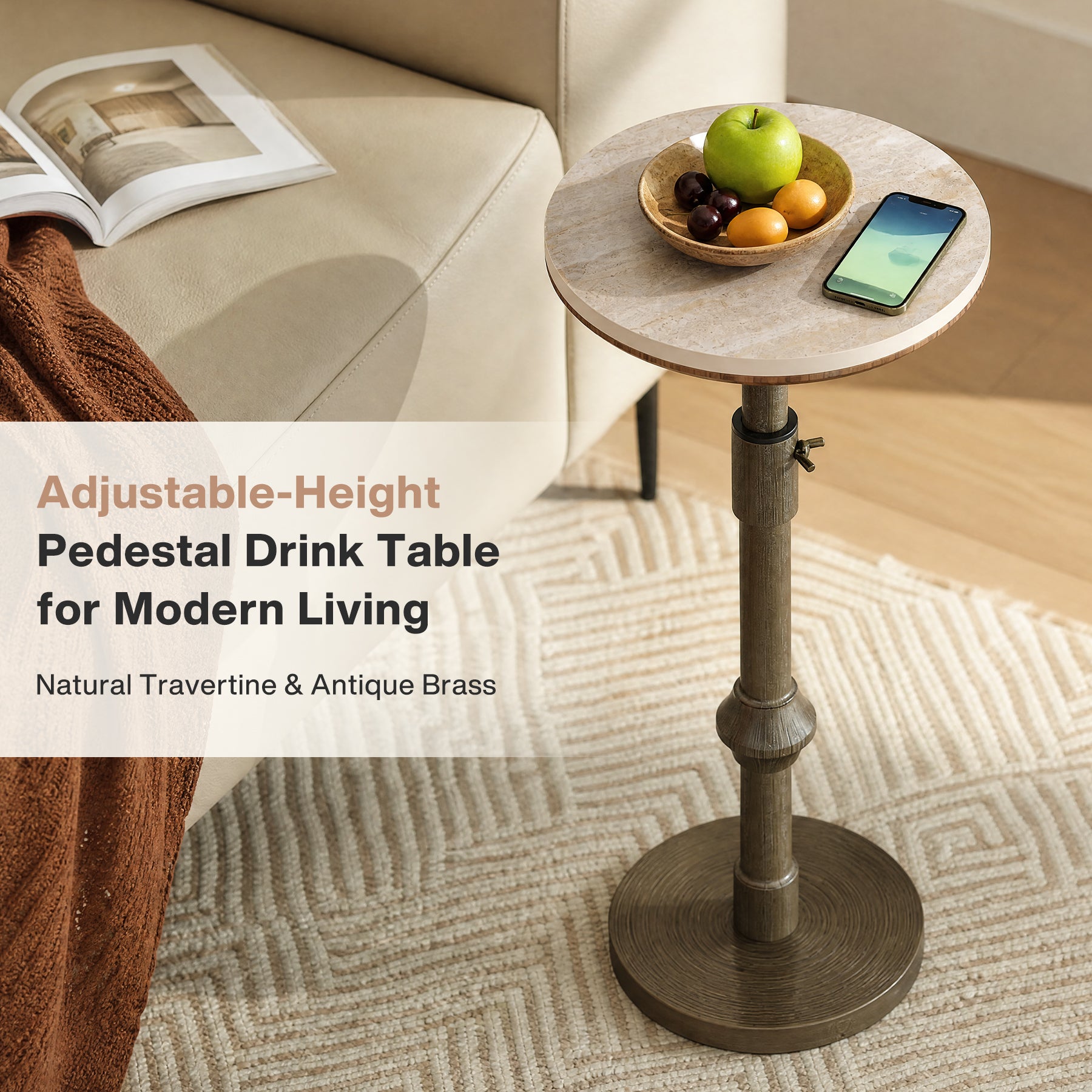 Adjustable-Height End Table with Travertine Top and Antique Brass Stand Base