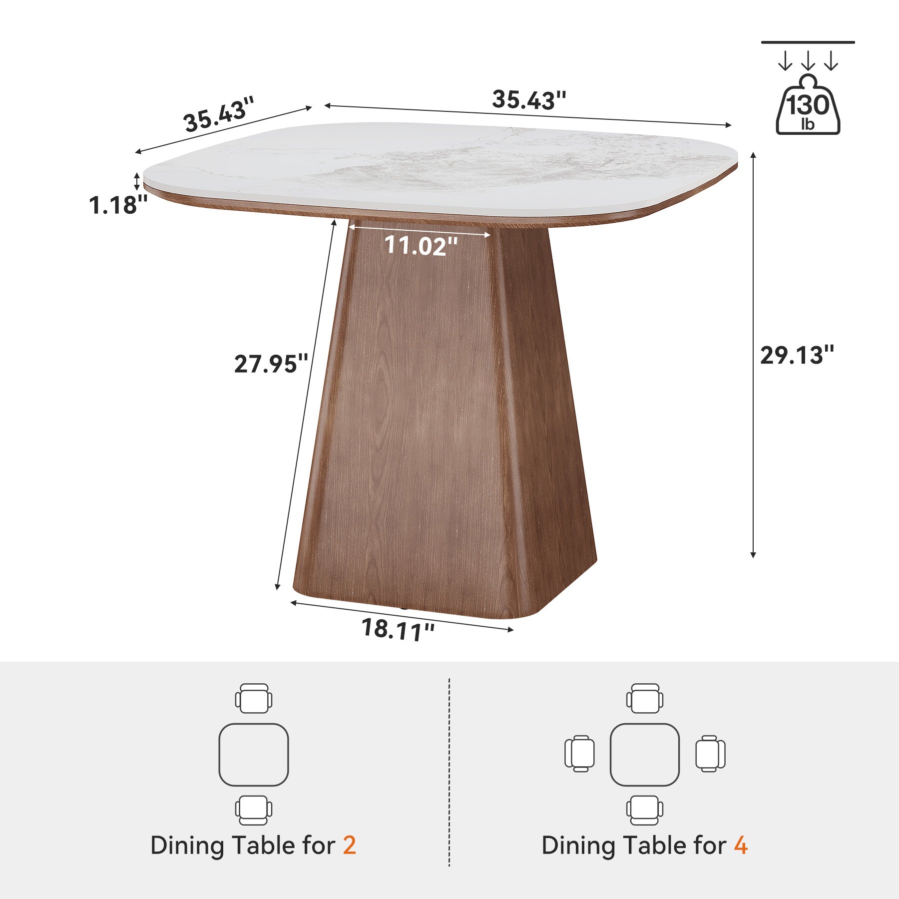 35.4" Square Sintered Stone Dining Table, Small Kitchen Table with Solid Wood Base