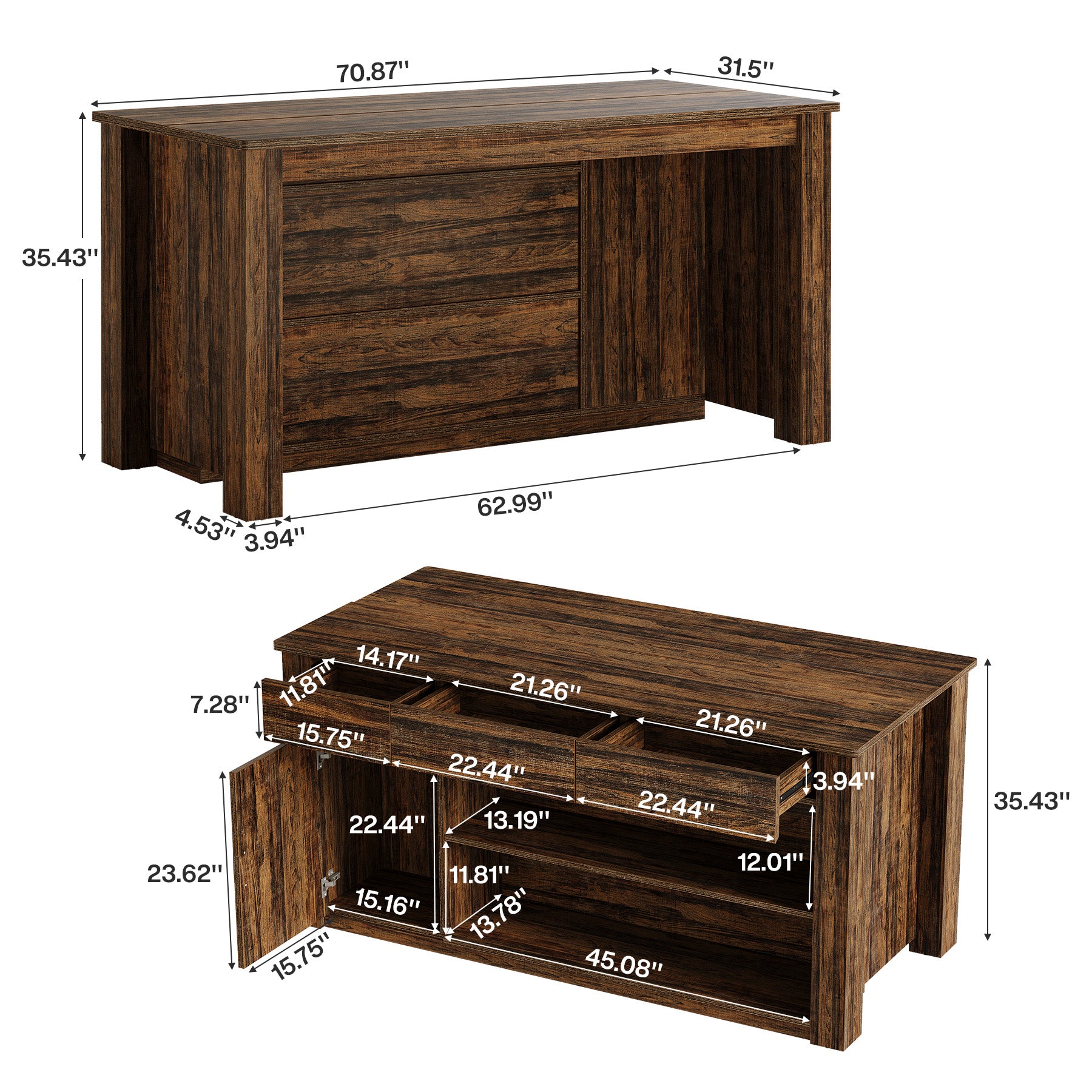 70.87" Kitchen Island with 3 Drawers, Cabinet and Open Shelves