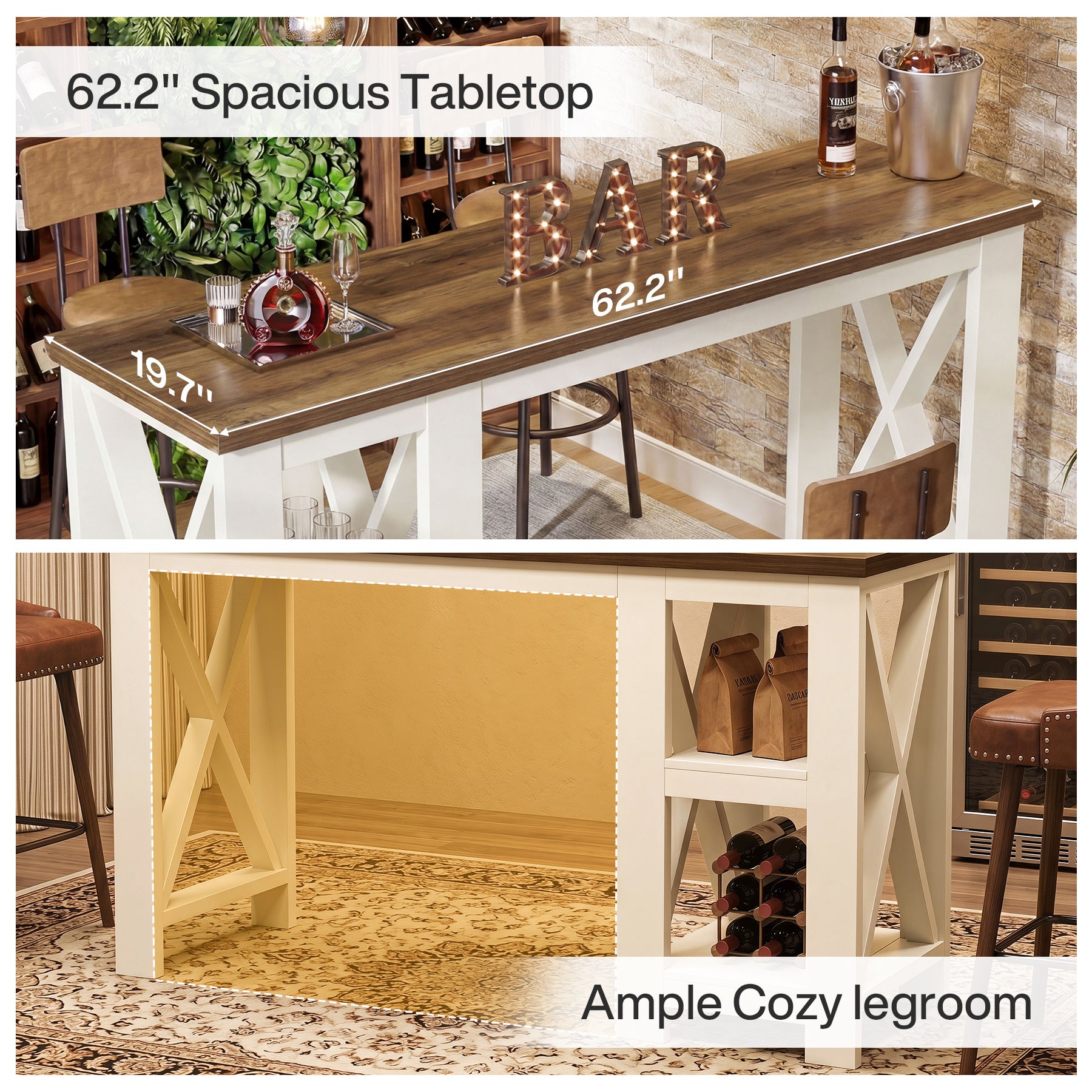 62.2" Bar Table with Storage Shelves, Farmhouse Counter Height Pub Table for Kitchen