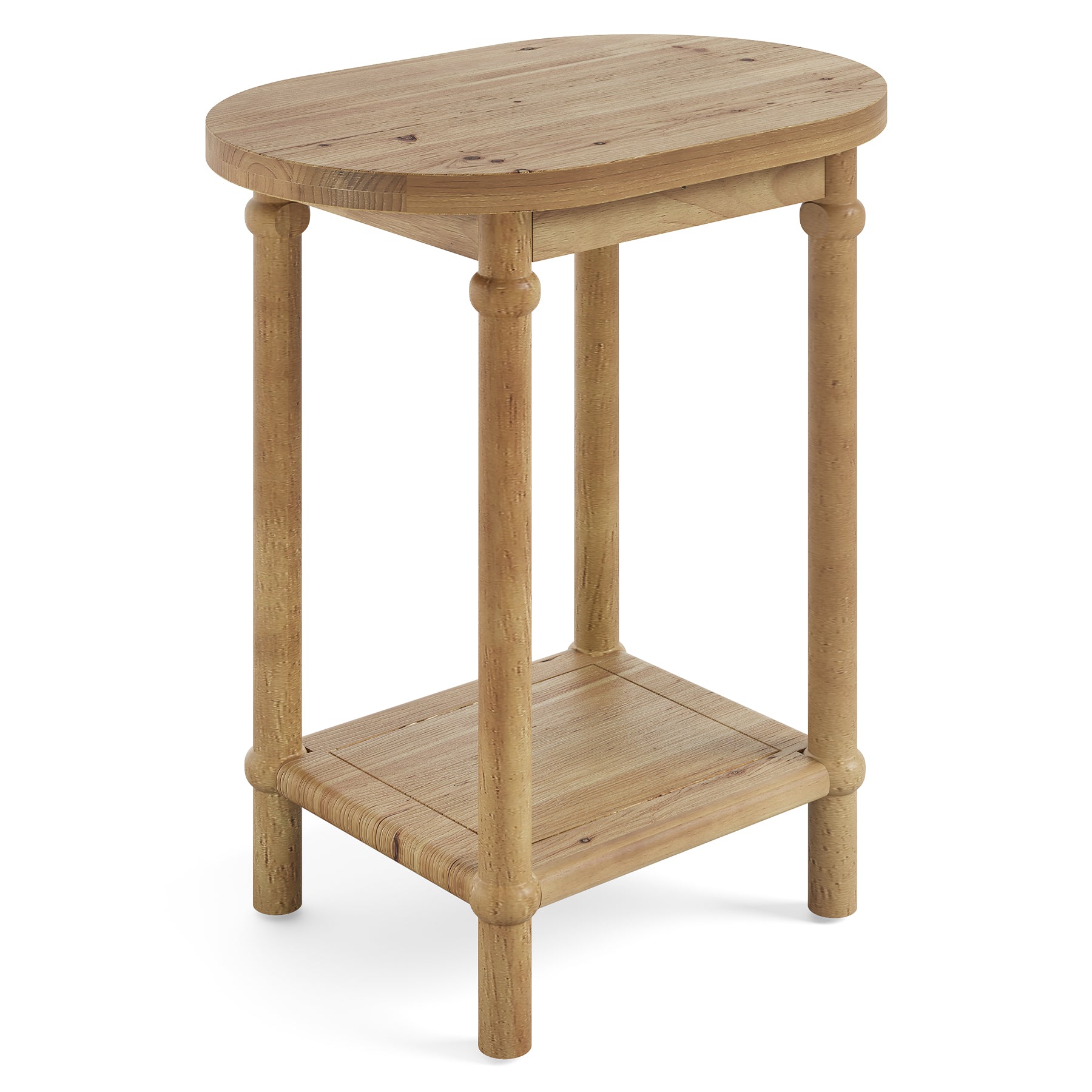 Solid Wood End Table, 2-Tier Oval Side Table with Storage Shelves