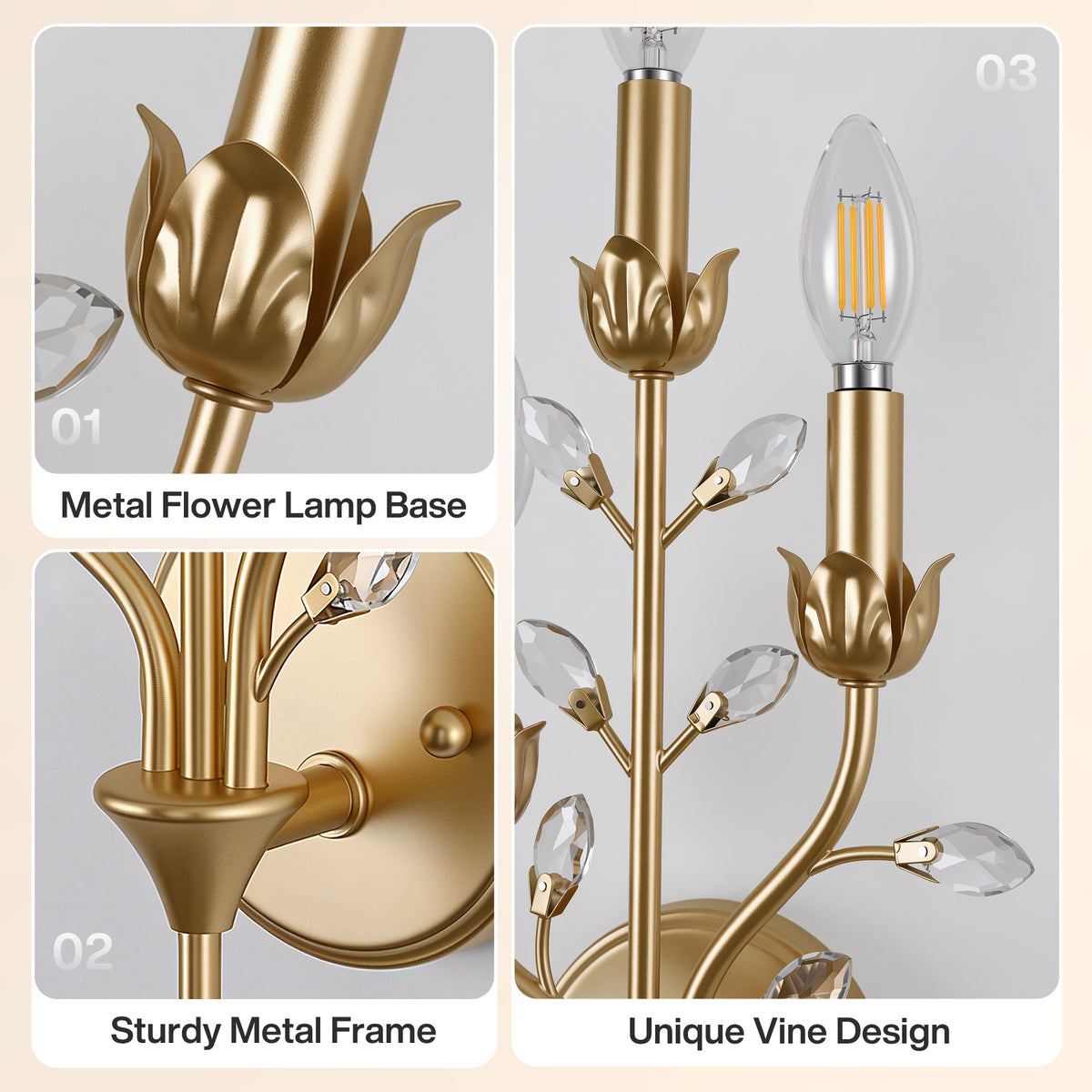 3-Light Gold Crystal Wall Sconce, Floral Vine Candle Wall Light