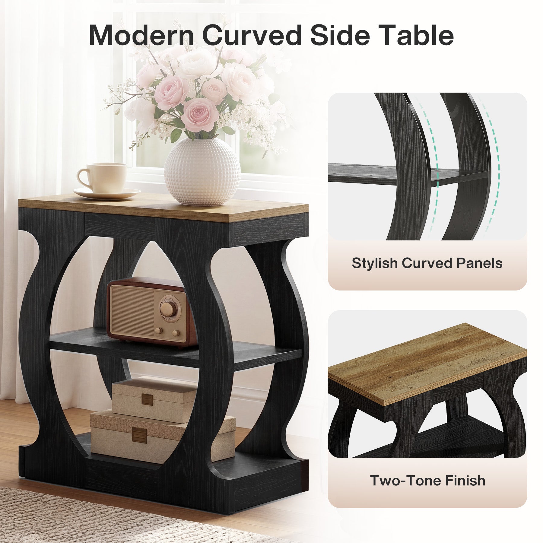 Narrow End Table with 3-Tier Storage Shelves, Bedroom Nightstand for Small Spaces