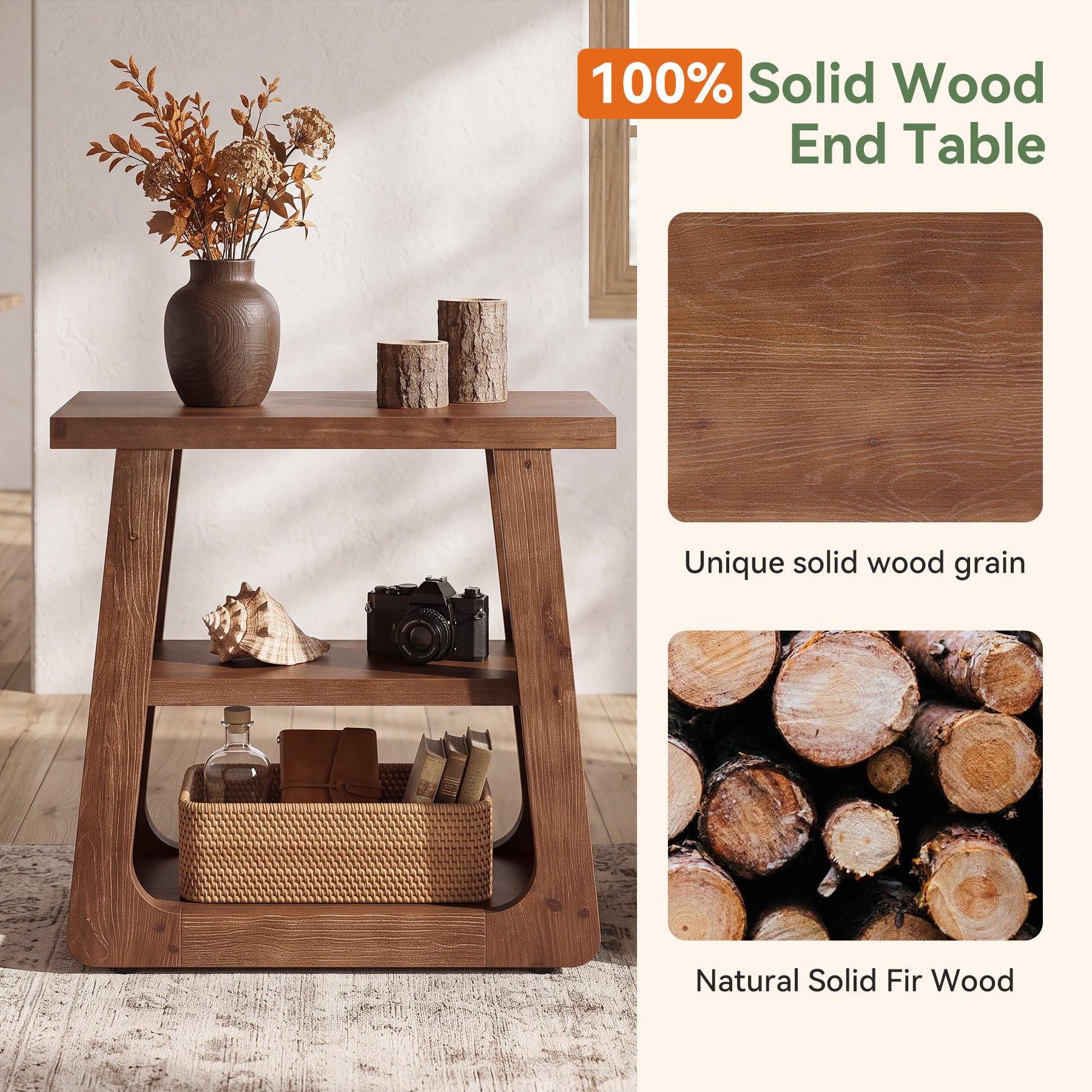 Solid Wood Side Table, Farmhouse End Table with 3-Tier Storage Shelves for Small Spaces