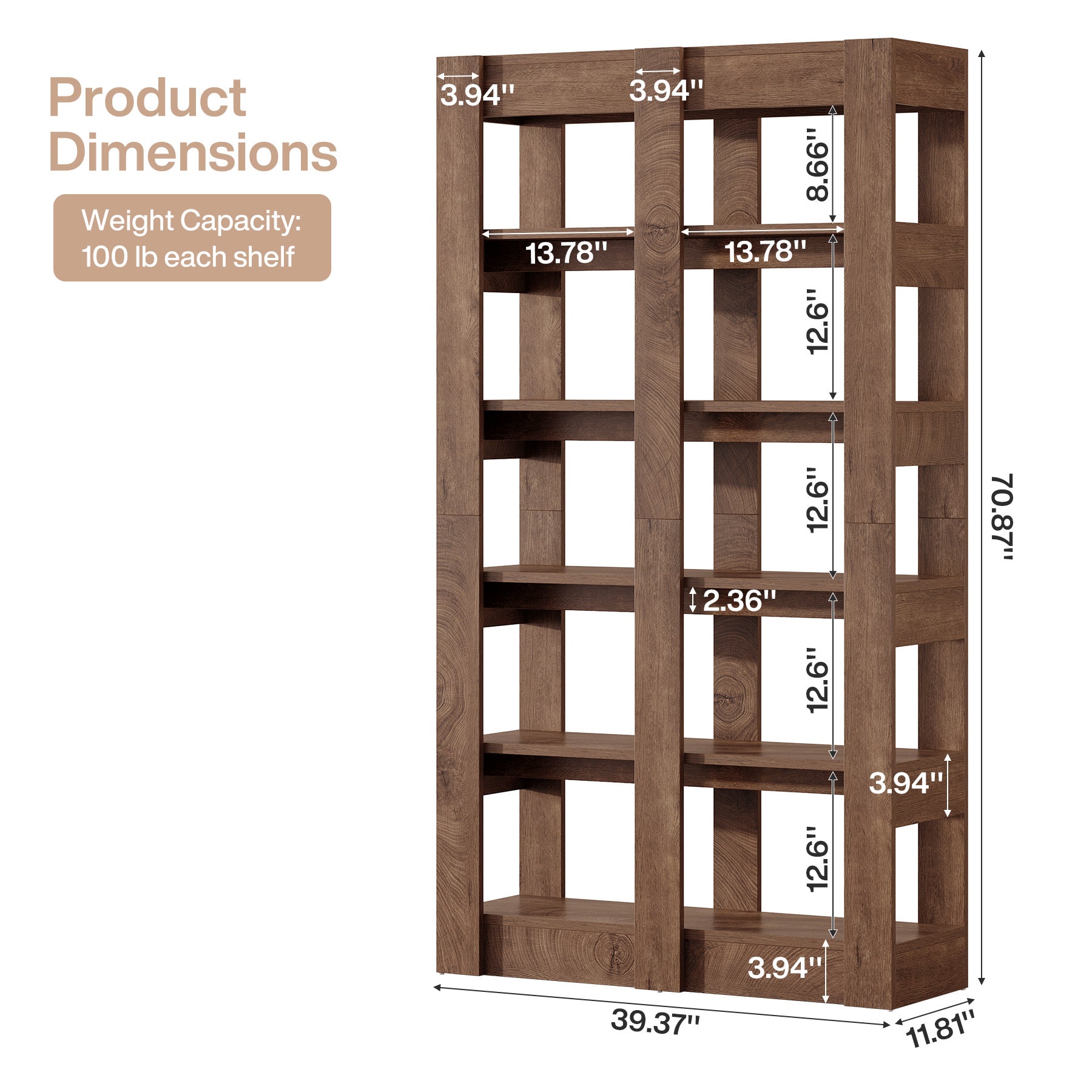 71" Tall Bookshelf, Floorstanding  6-Tier Home Office Bookcase Etagere