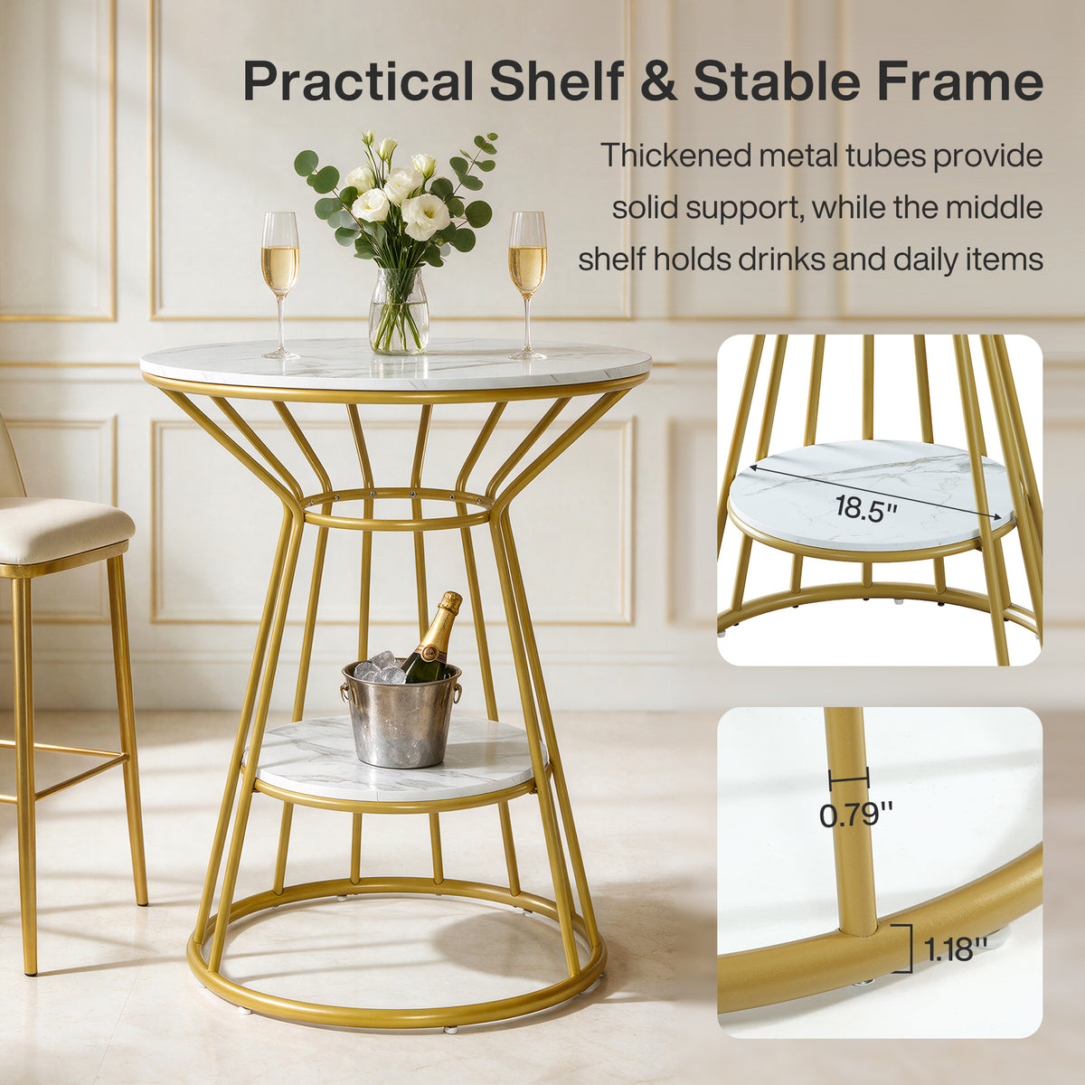 31.5" Marble-Look Round Bar Table, Modern Counter Height Table with Storage Shelf
