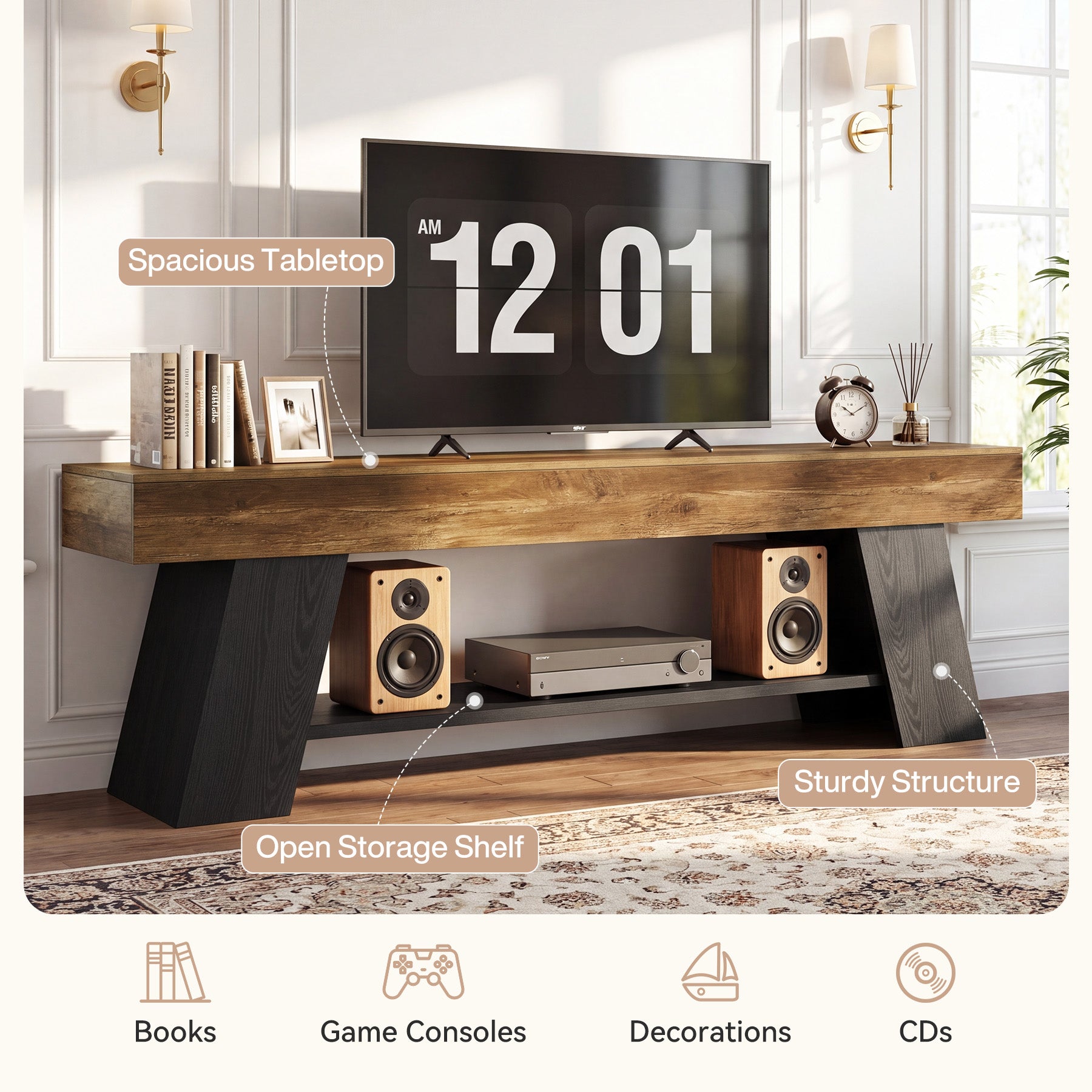 63" TV Stand for 55/65/70 Inch TVs, Industrial Media Console with Open Storage Shelf