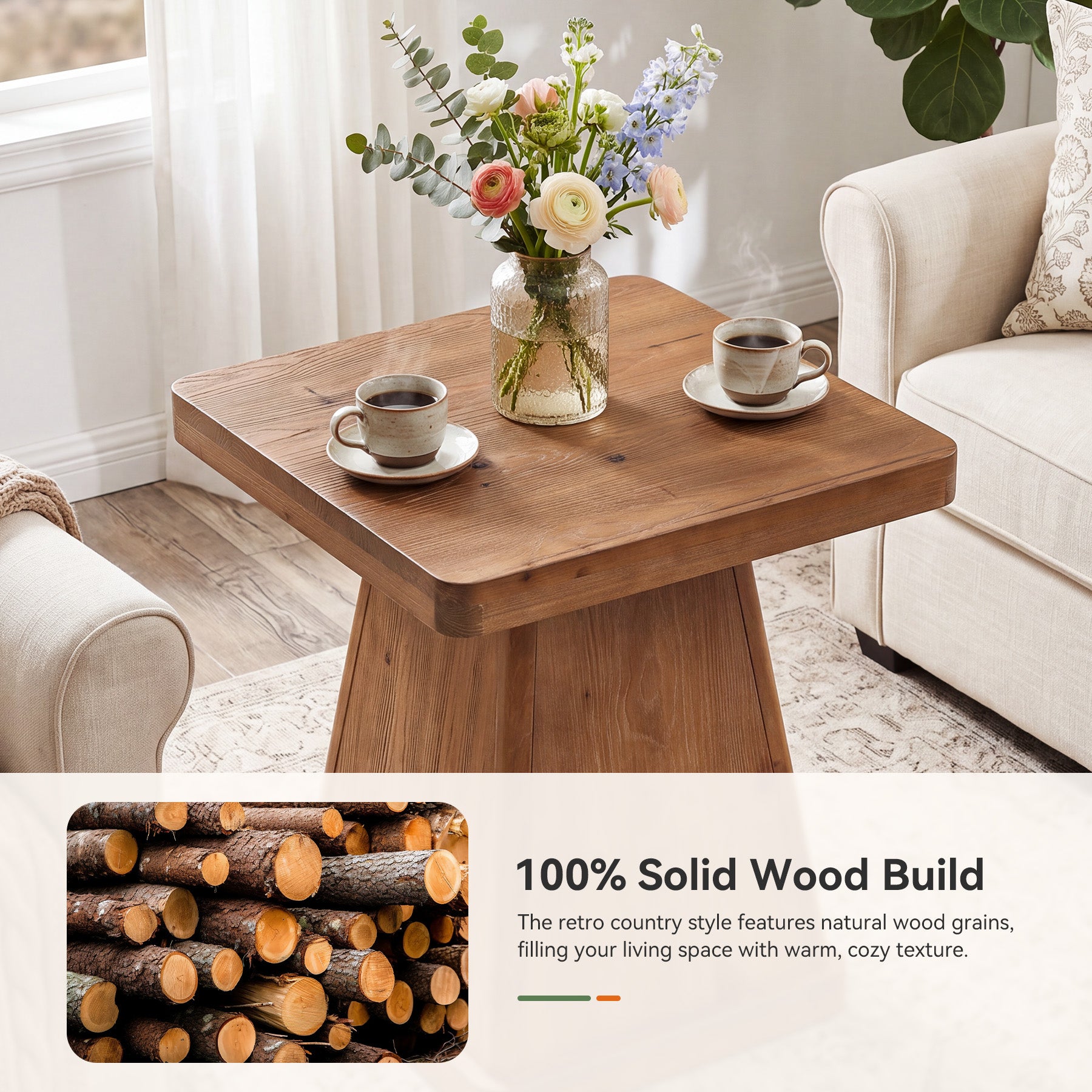 19.69" Square Solid Wood End Table, Accent Side Table with Pedestal Base for Living Room