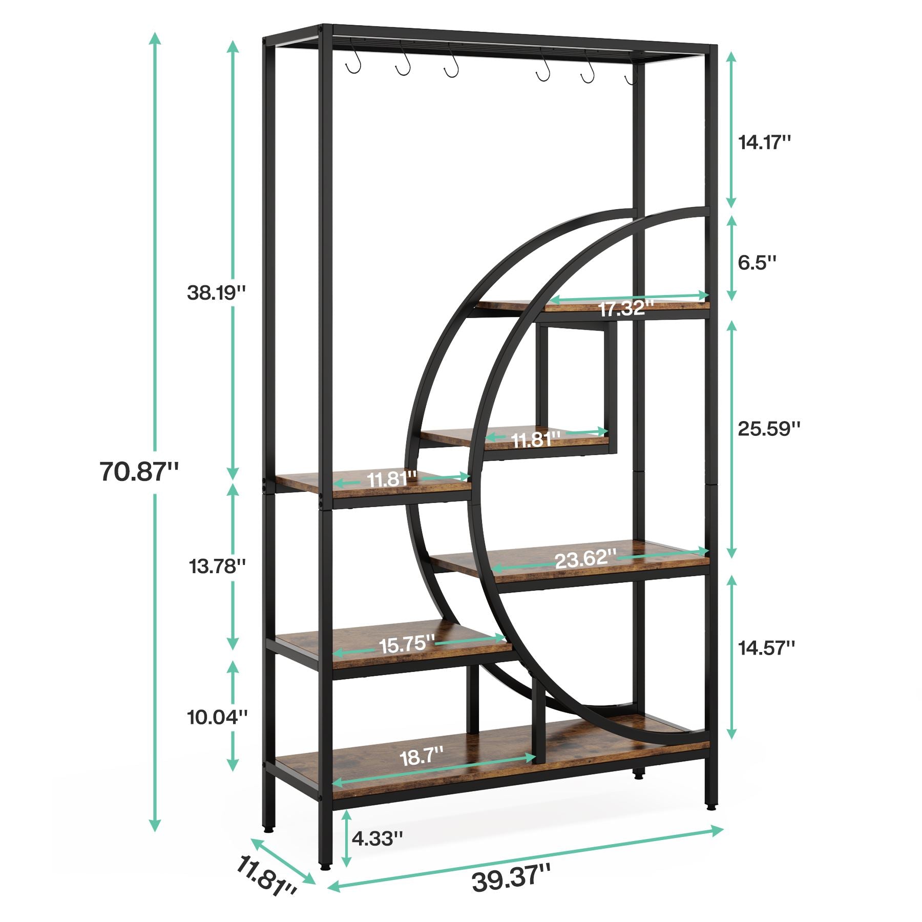 70.9" Tall Plant Stand, 7 Tier Flower Pots Display Rack with 6 Hooks