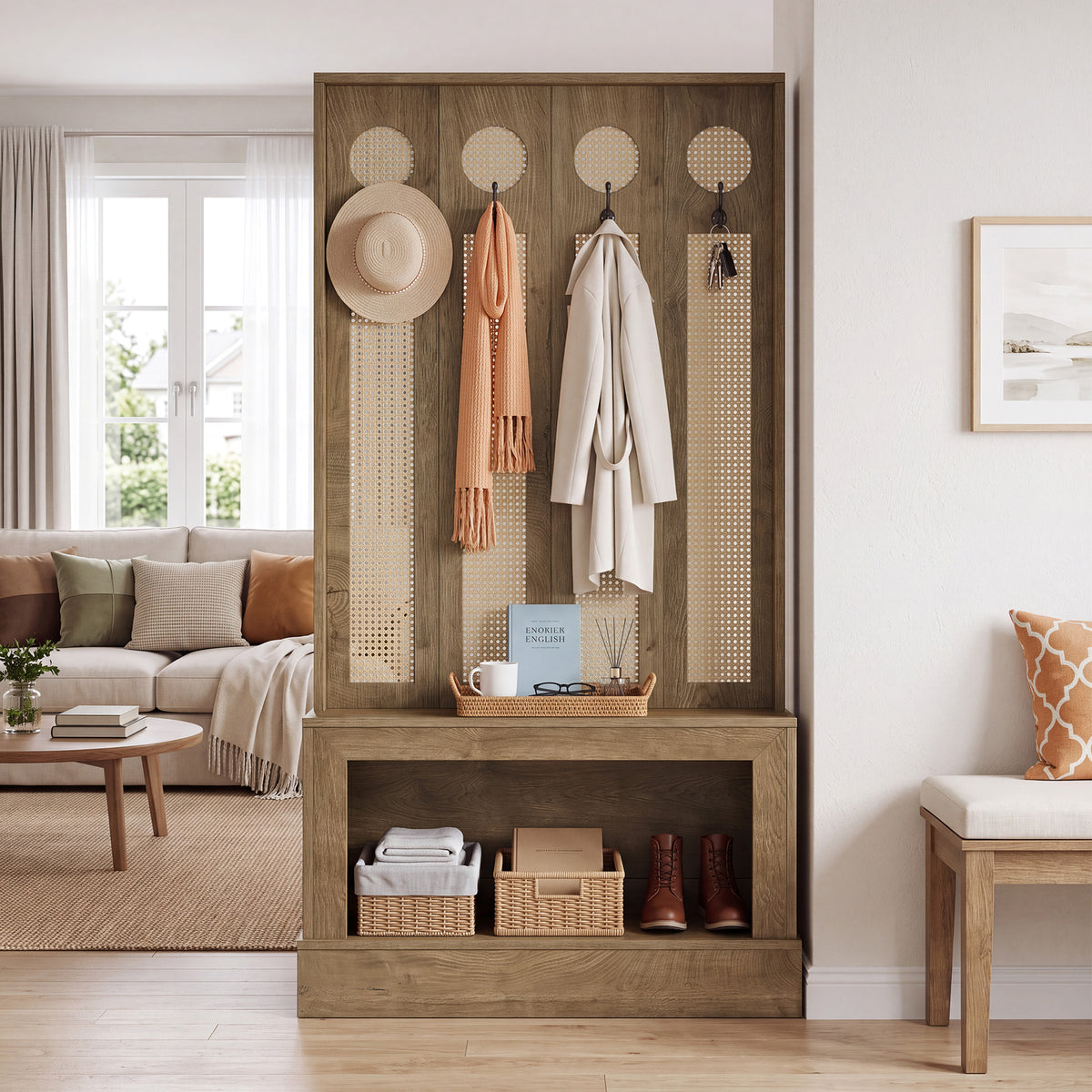 69.7" Wall Room Divider with LED Light, Rattan Room Partition with Shelves & 4 Hooks for Living Room