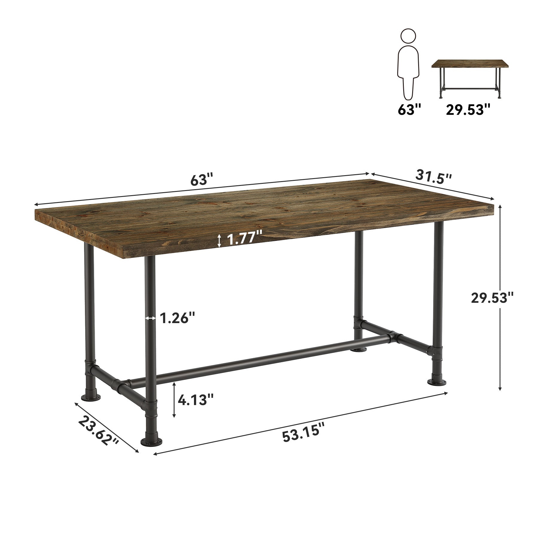 63" Solid Wood Dining Table for 4-6, Industrial Kitchen Table with Metal Footrest