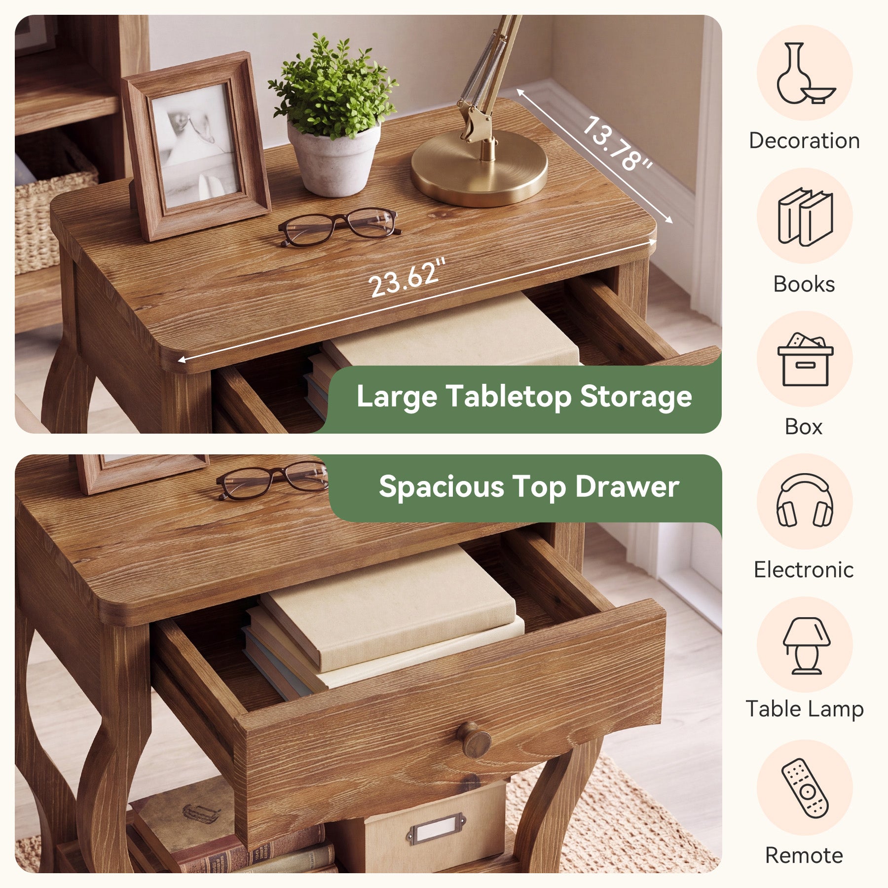 Rustic Solid Wood End Table with Drawer, 24"W Tall Side Table, Living Room