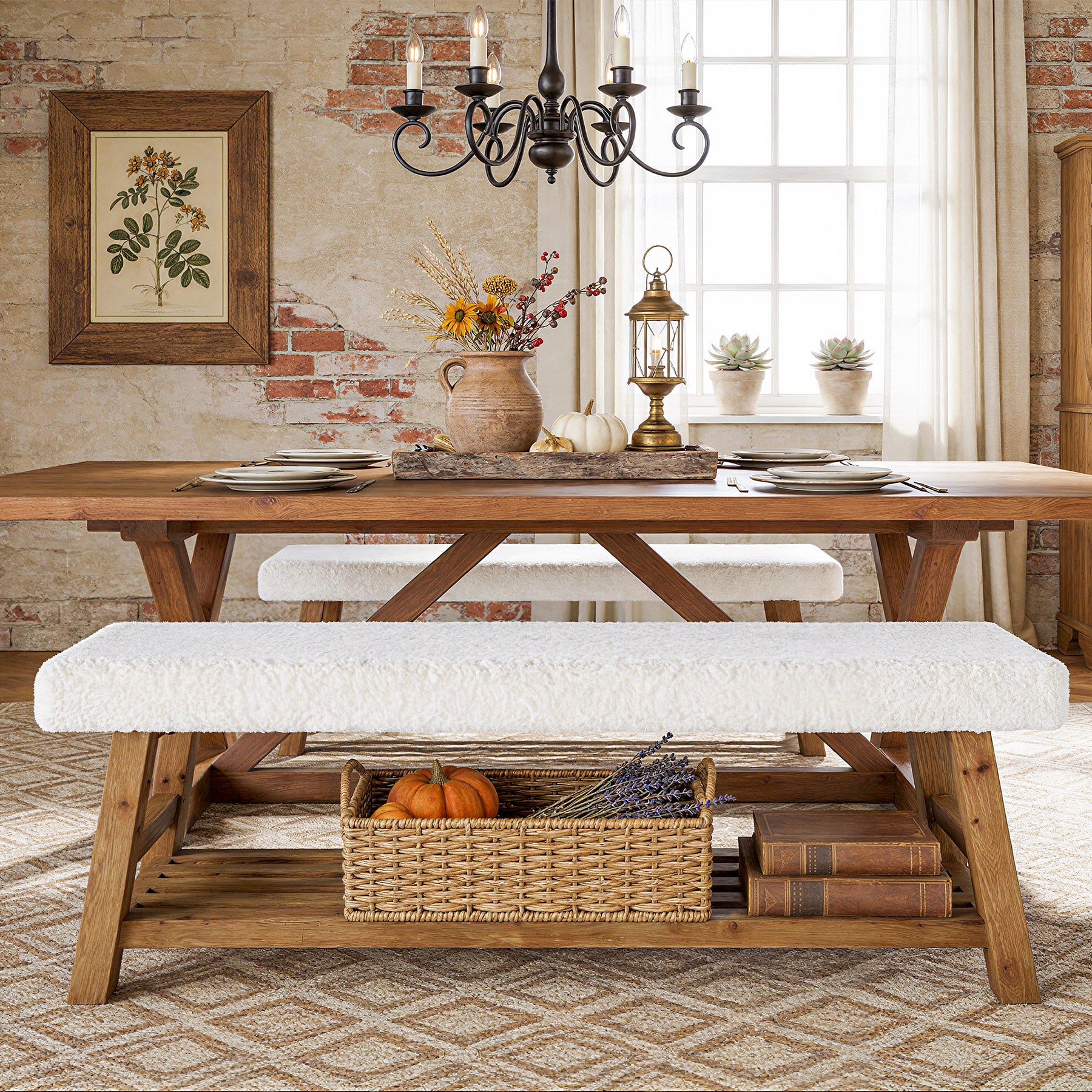 55" Upholstered Dining Bench, 2-Tier Solid Wood Kitchen Table Bench with Cushion