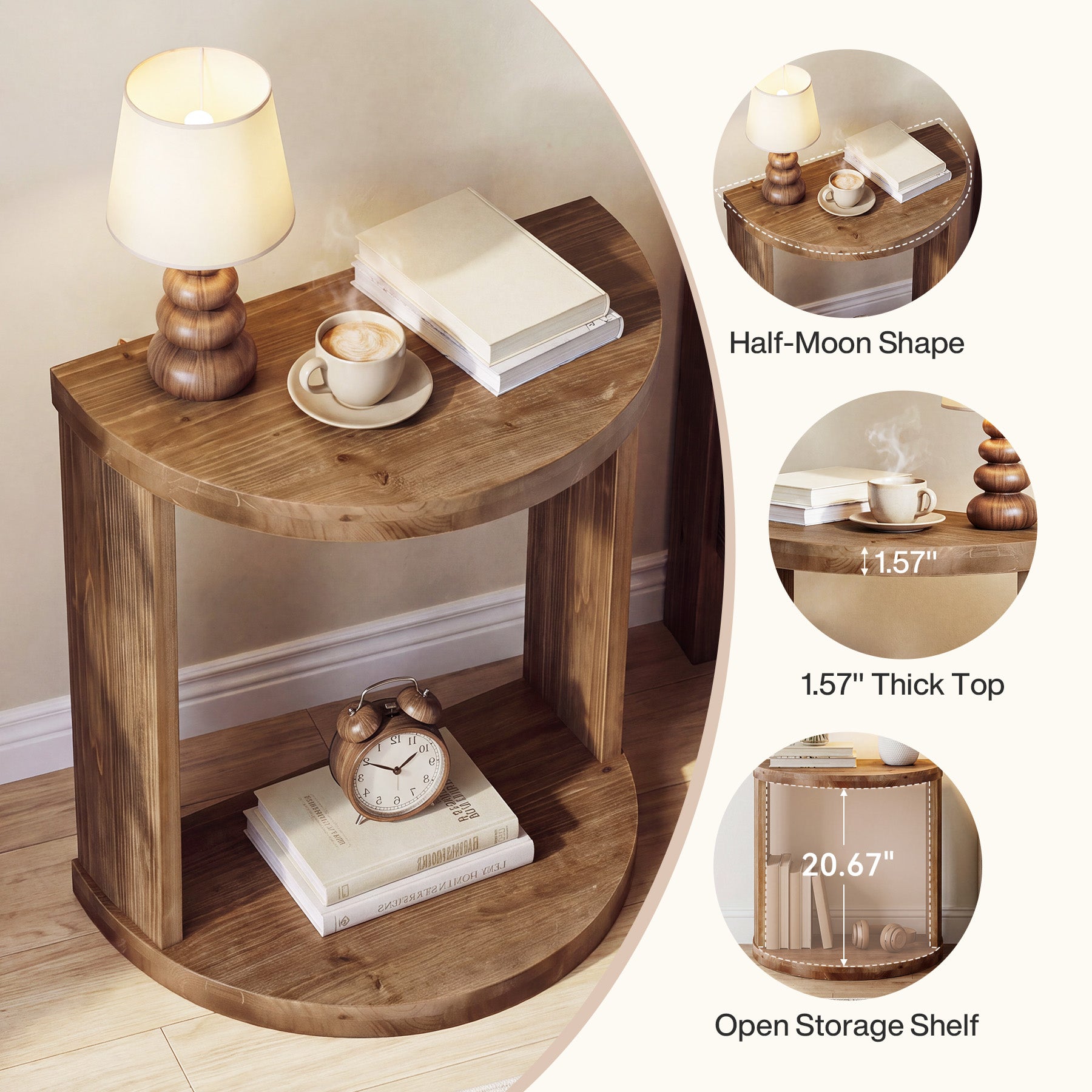 Half Moon Nightstand, Solid Wood Farmhouse Bedside Table with 2-Tier Storage Shelves, Bedroom Living Room
