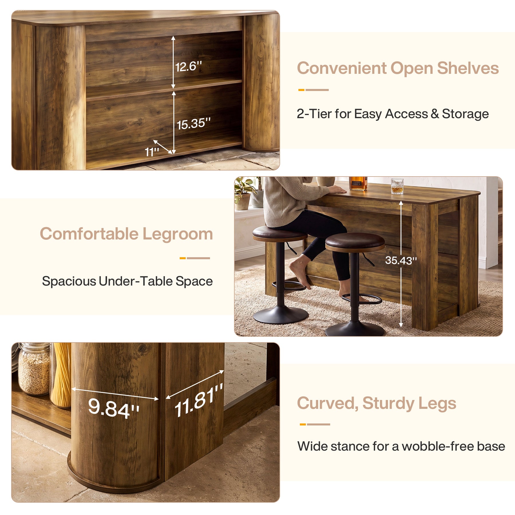 55" Kitchen Island, Farmhouse Stationary Island Table with 2-Tier Storage Shelves