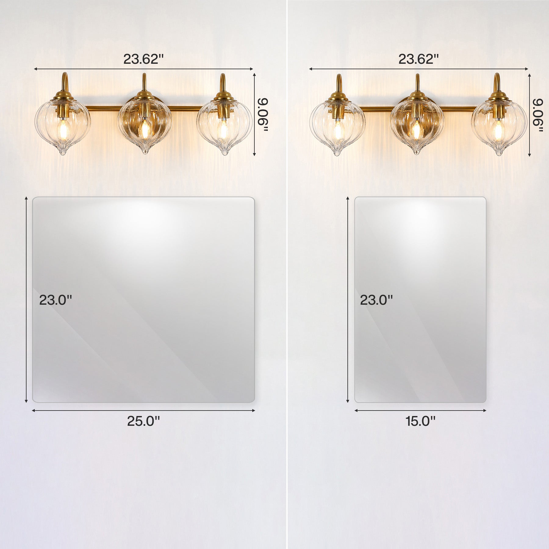 3-Light Bathroom Light Fixtures, Pumpkin Glass Vanity Light, Gold-Plated Metal