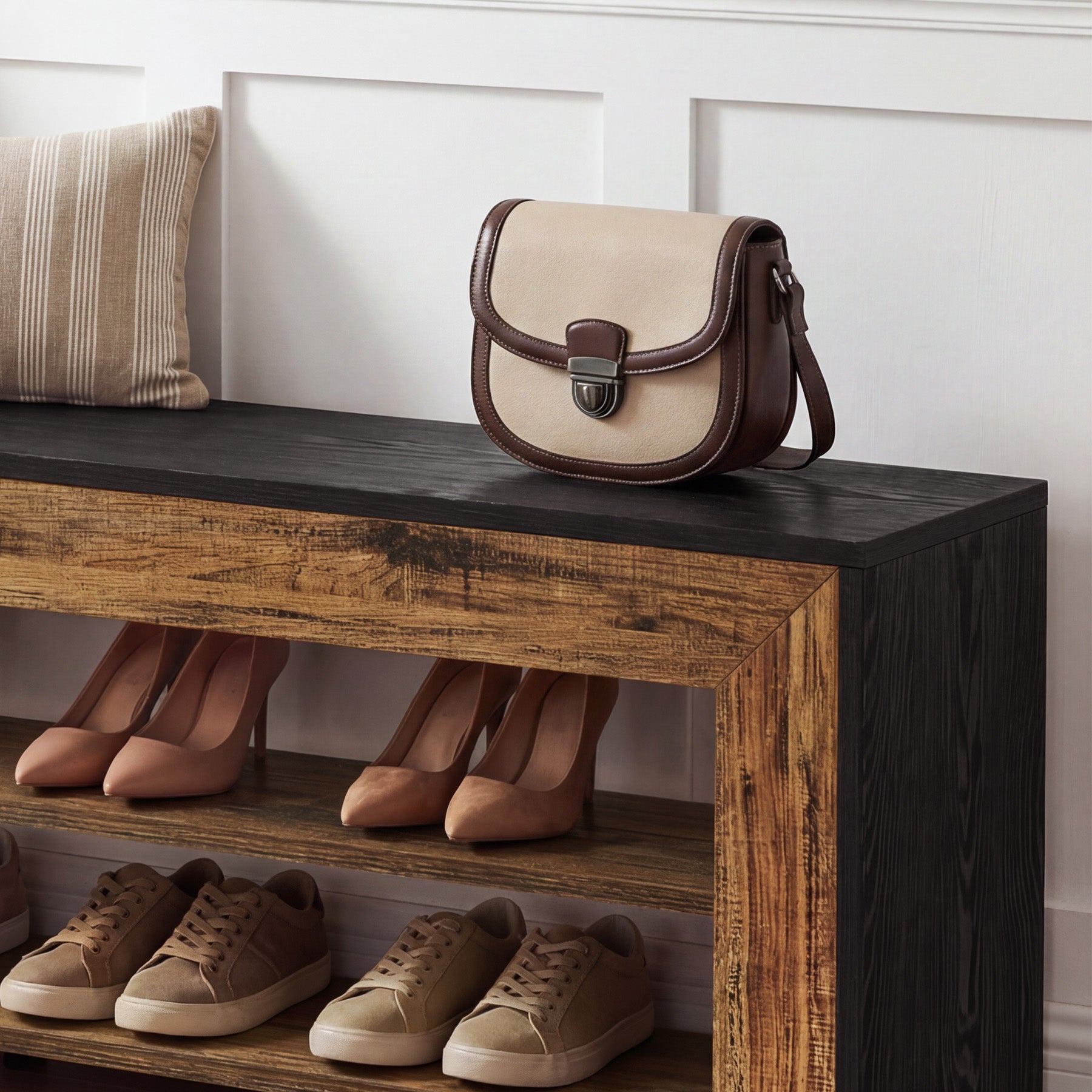 63" Entryway Shoe Bench, 3-Tier End of Bed Bench with Storage Shelves for Hallway