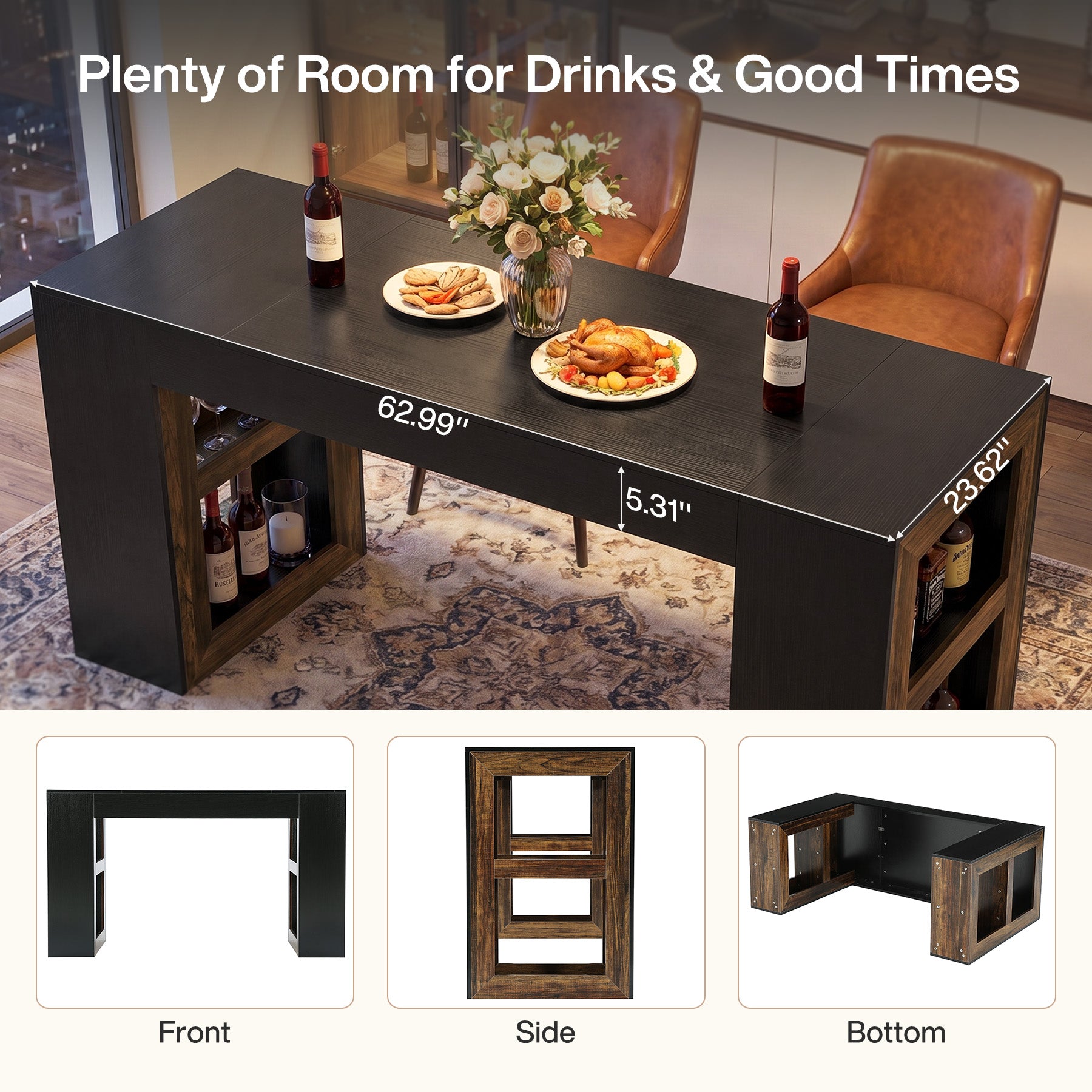 63" Counter Height Bar Table with Storage Shelves, Industrial Pub Table for Kitchen, Dining Room & Home Bar