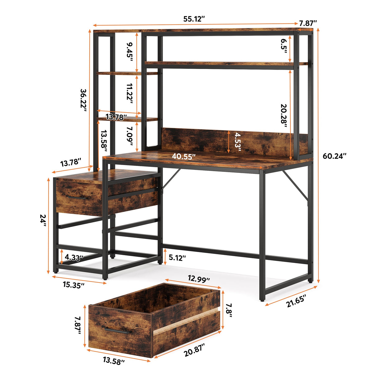 60" Tall Computer Desk Writing Table with 2 Drawers and Storage Shelve ...