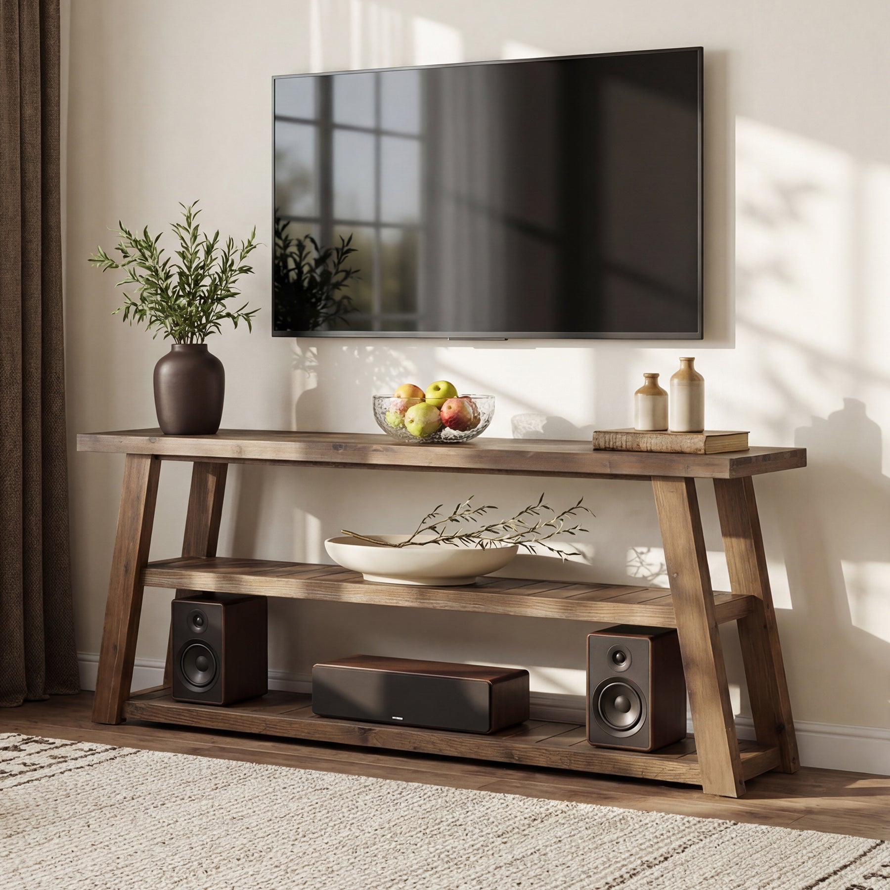 3-Tier Solid Wood TV Stand, 63" Entertainment Center with Open Shelves