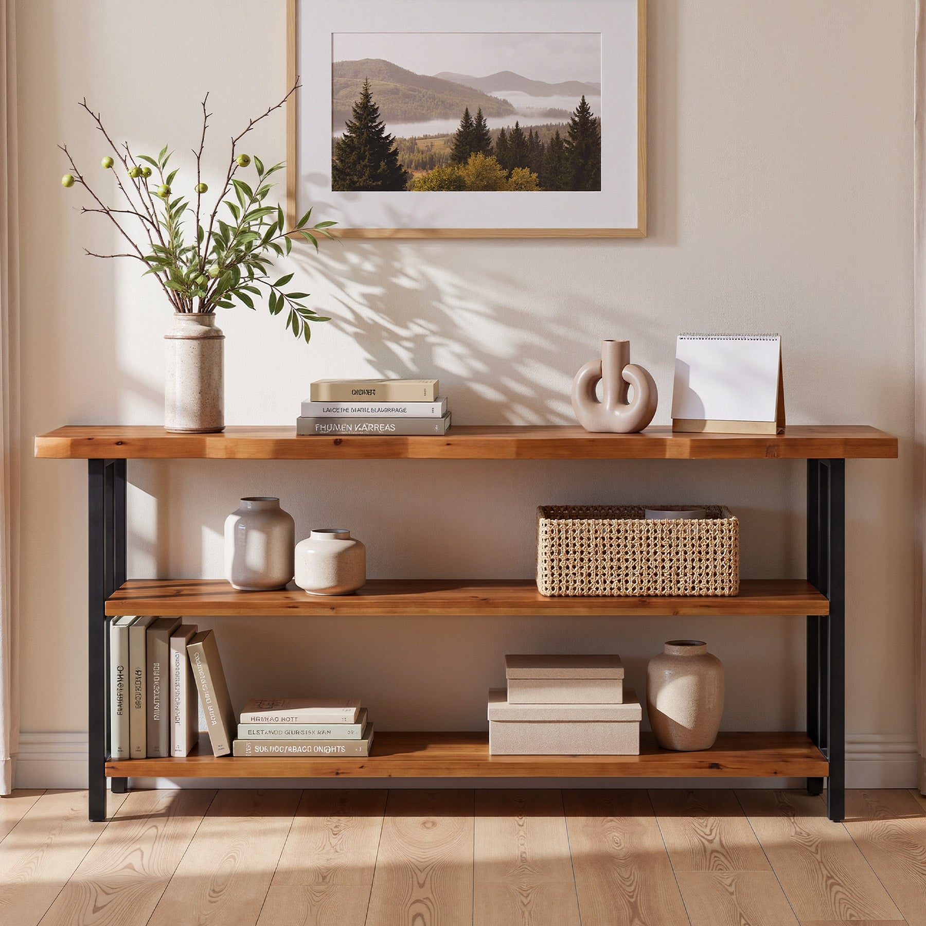 63" Live Edge Console Table, Farmhouse Solid Wood 3-Tier Shelves