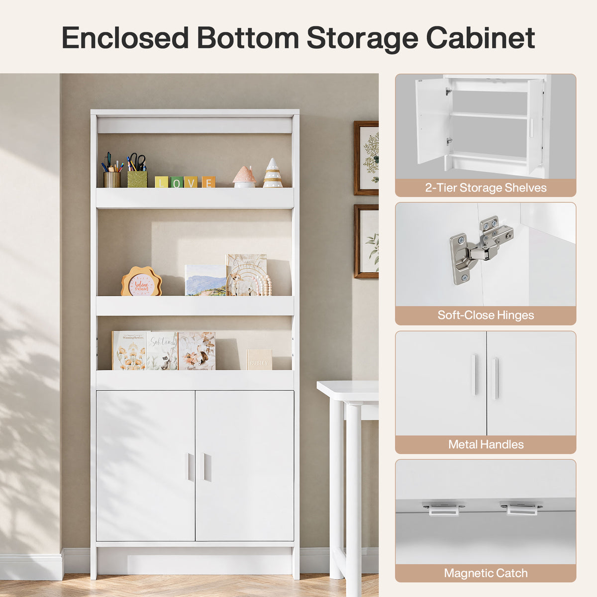 70.9" H Behind The Door Bookshelf, 5-Tier Narrow Bookcase with Open Shelves & Closed Cabinet