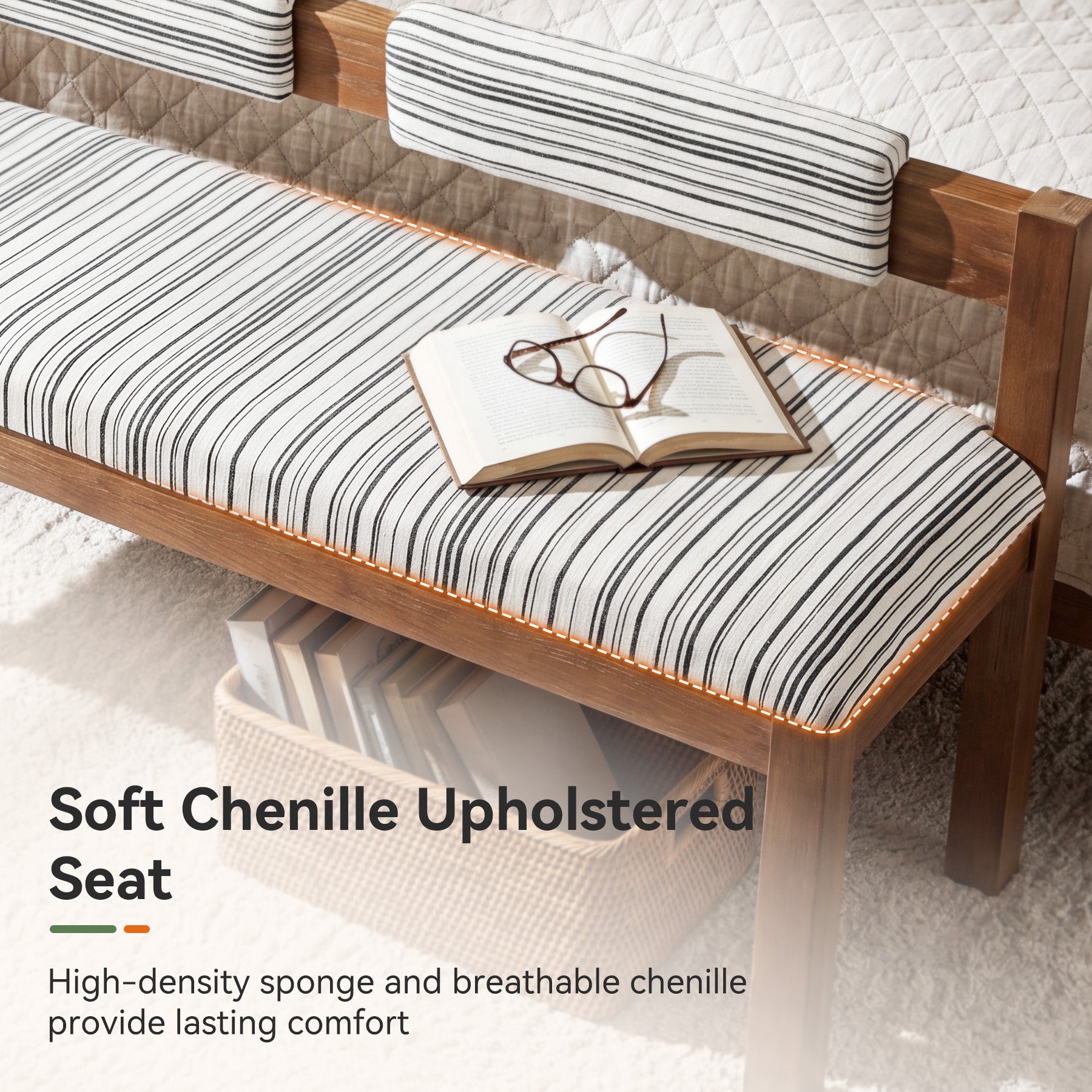 Wood Dining Bench, 55" Upholstered Kitchen Bench with Backrest & Chenille Cushion