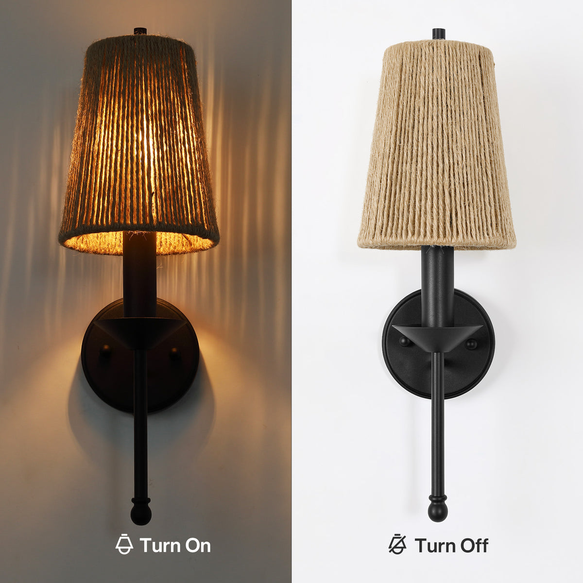 2 Pack Boho Wall Sconce, Handmade Jute Wall Light with Black Metal Base