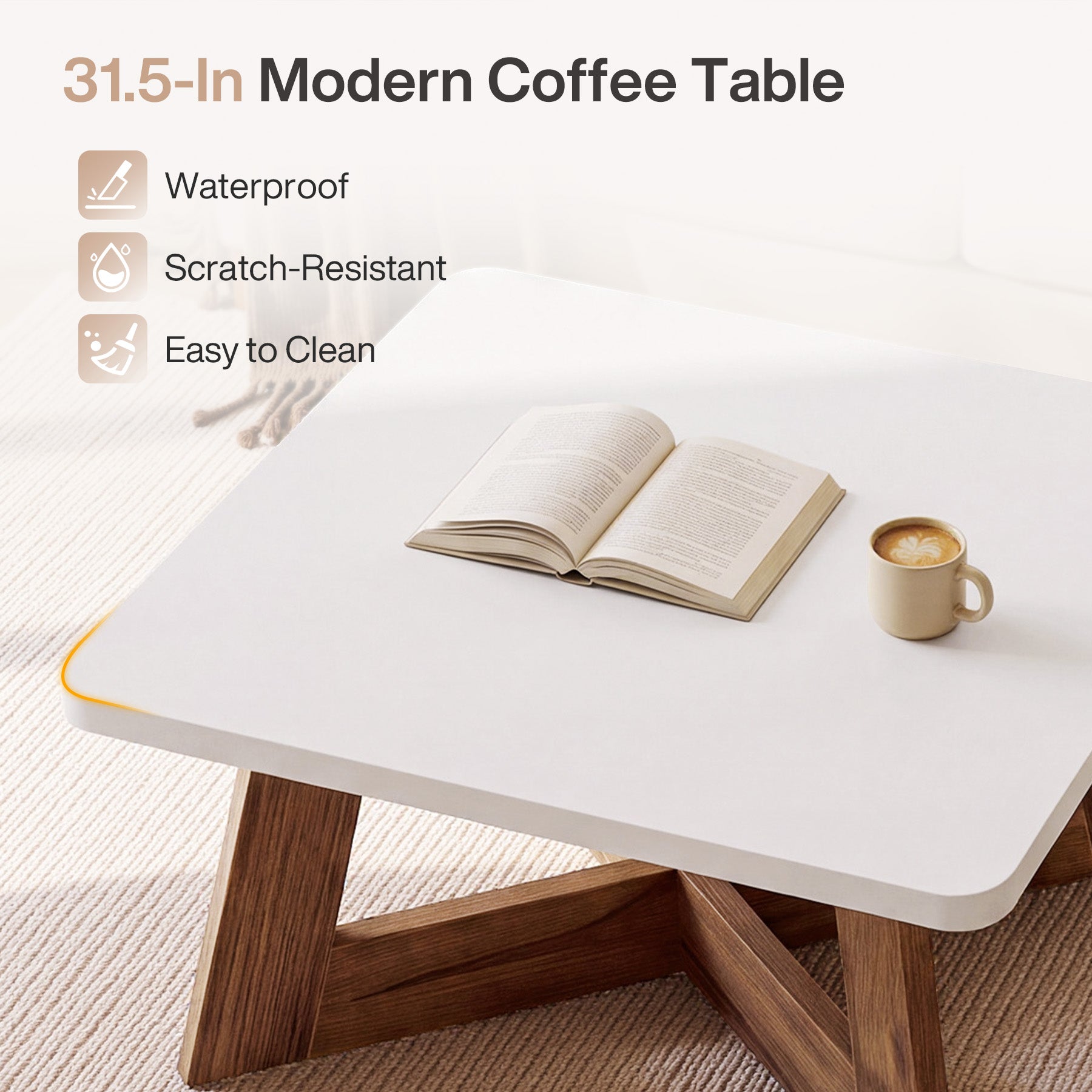 31.5" Square Coffee Table, Modern Cocktail Table with Reinforced Cross Brace for Living Room
