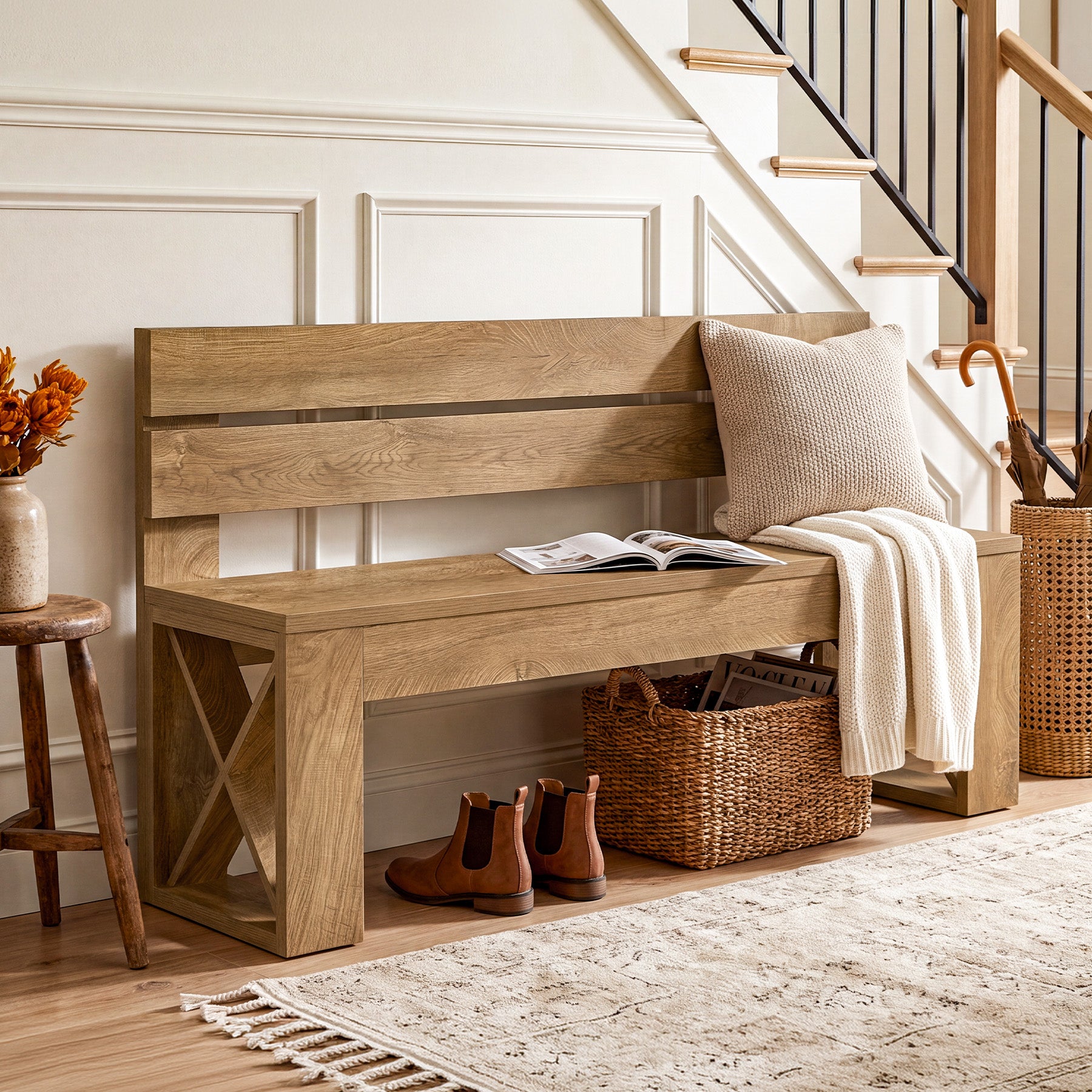 47" Entryway Bench with Back, Farmhouse Shoe Bench with X-Brace, Bedroom & Hallway