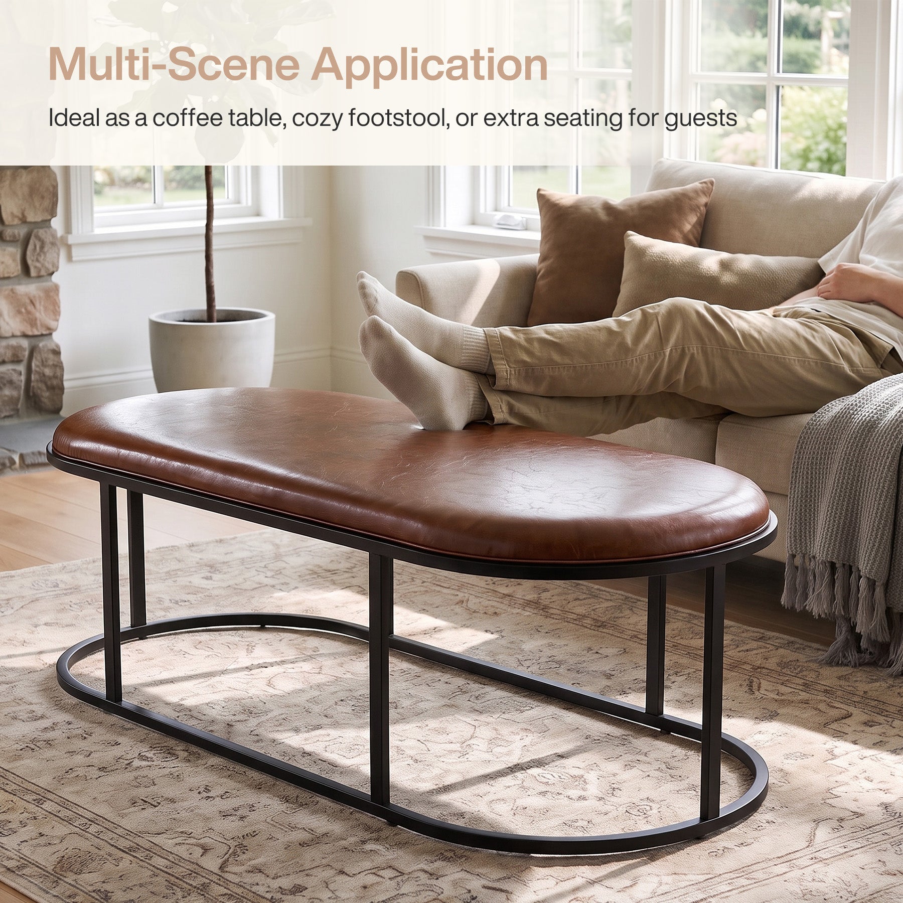 Oval Faux Leather Coffee Table, 55.12" Upholstered Center Table with Metal Base